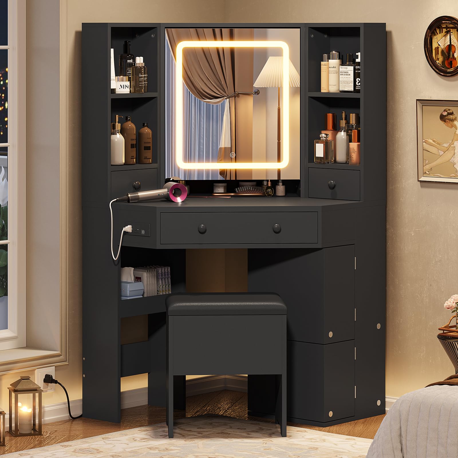 Black Corner Vanity Desk with LED Lighted Mirror, Makeup Vanity Set with USB Charging Station, Storage Stool & Rotating Shelves - Perfect for Bedroom, Dressing Room & Small Space Makeup Organization