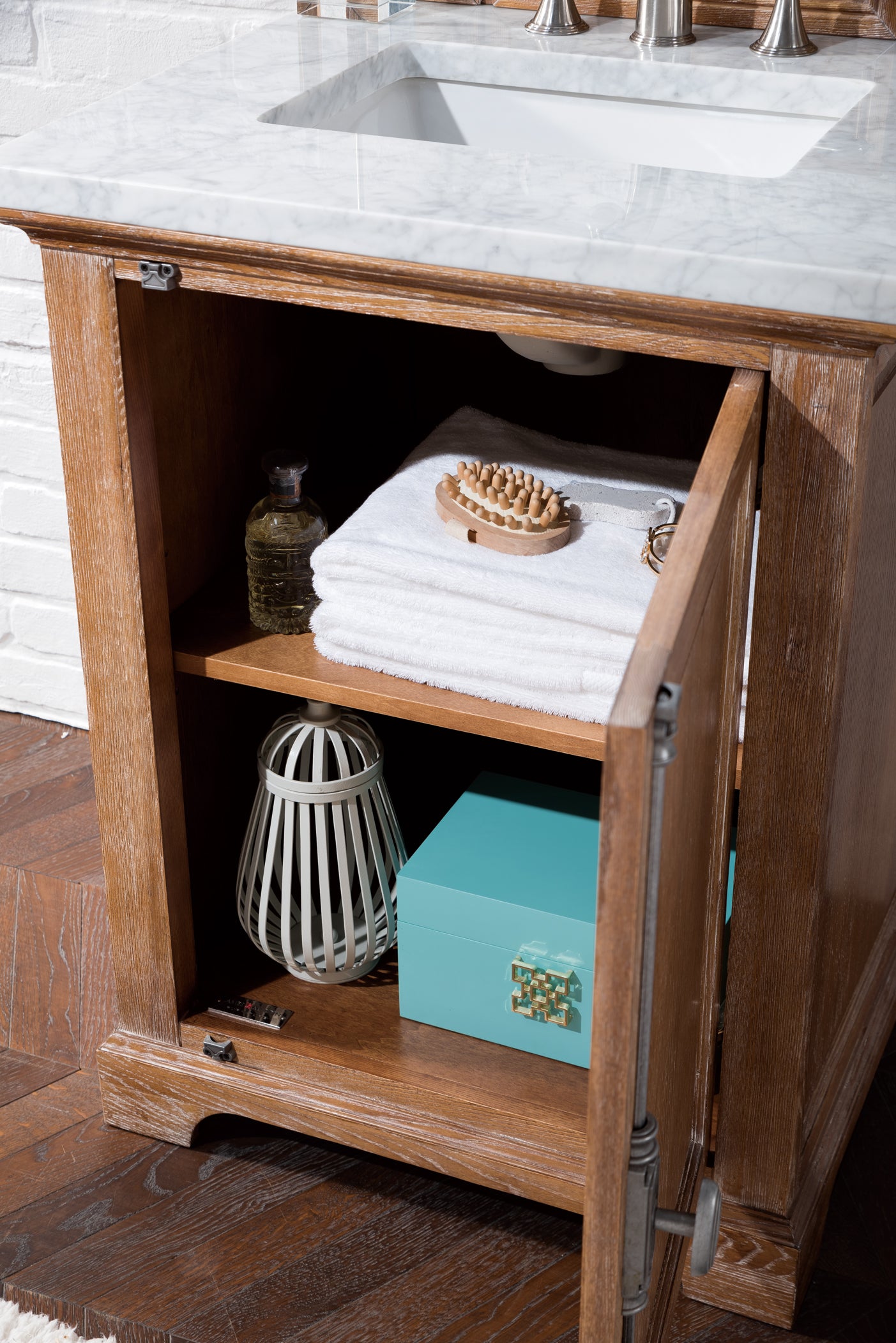 Providence 26 Inch Driftwood Bathroom Vanity with 3CM Carrara Marble Top - Modern Single Sink Vanity for Small Bathrooms & Powder Rooms
