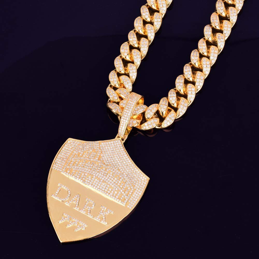 18K Gold Plated Iced Out Shield Pendant Necklace - CZ Simulated Diamond Hip Hop Chain for Men & Women | Perfect for Rappers, Streetwear & Gift Giving