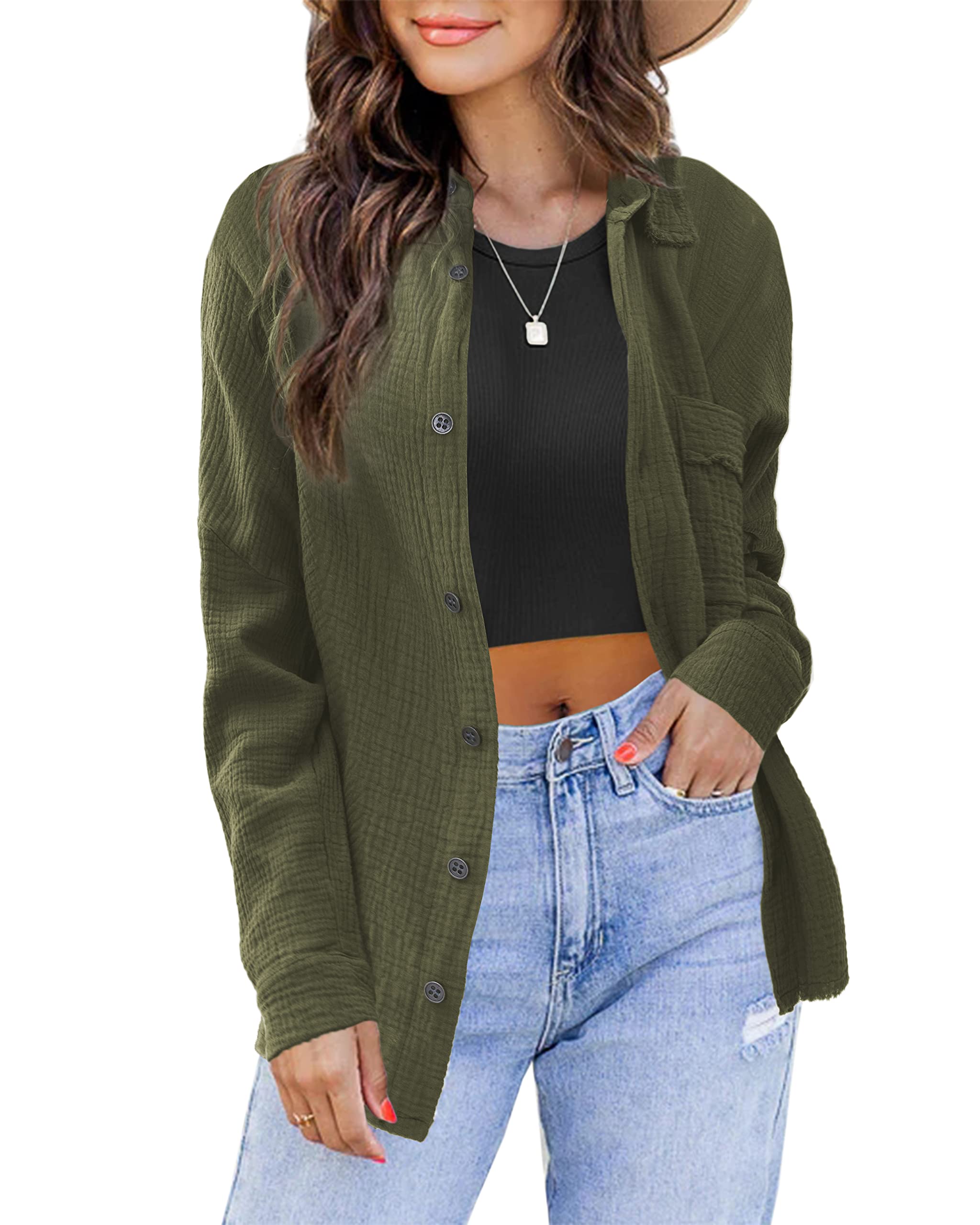 iGENJUN Women's Long Sleeve Linen Flannel Shirt Jacket - Button Down Shacket for Fall Fashion 2024 | Casual Office Wear & Autumn Layering Outfits