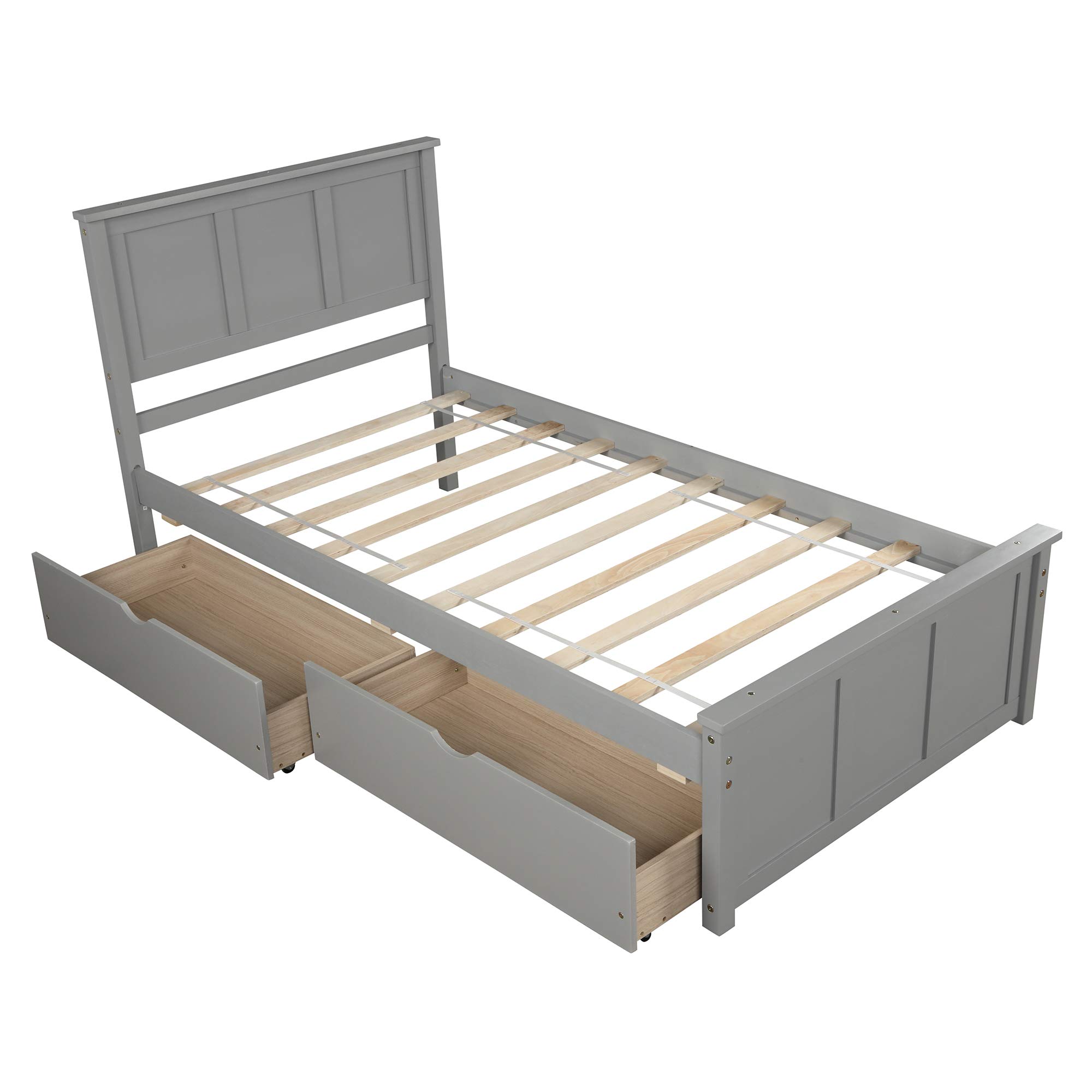 P PURLOVE Twin Size Wooden Storage Bed Frame with 2 Drawers & Headboard - No Box Spring Needed, Slat Support - Perfect for Small Bedrooms, Kids Rooms & Guest Rooms (Gray)