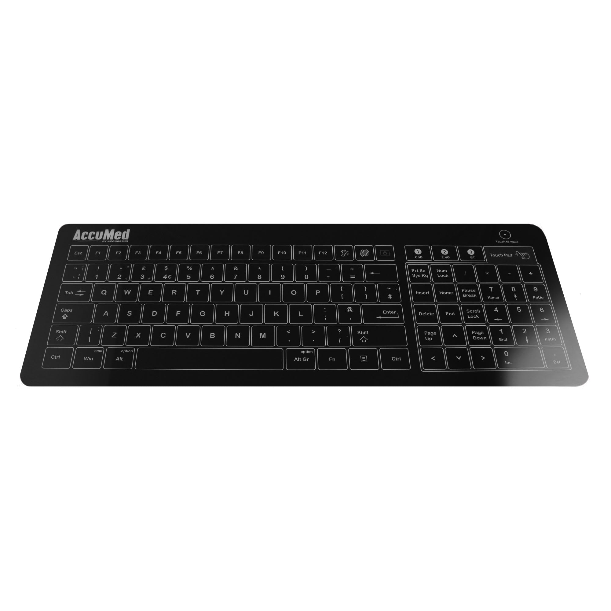 AccuMed Black Glass Keyboard with Built-in Touchpad - Wired & Wireless Options for Home & Office Use