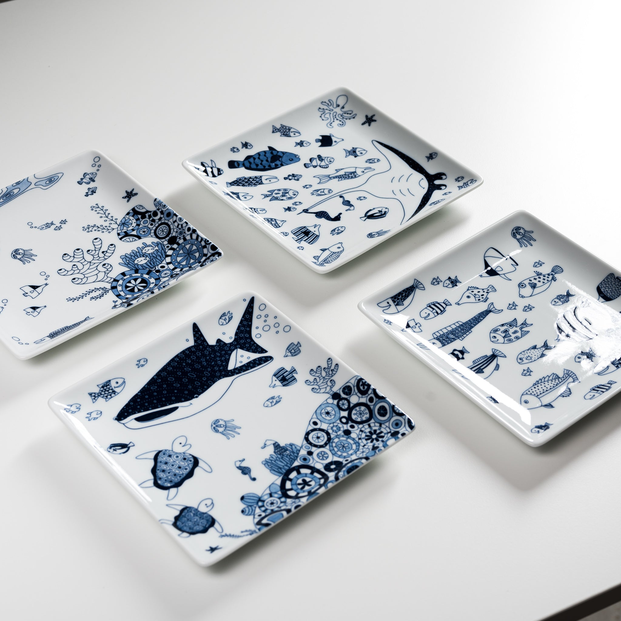 Hasami Ware Aquarium Square Plate - 17cm Ceramic Dish Set of 4, Handmade Japanese Porcelain for Sushi, Desserts & Home Decor | Bizen-yaki Style Tableware