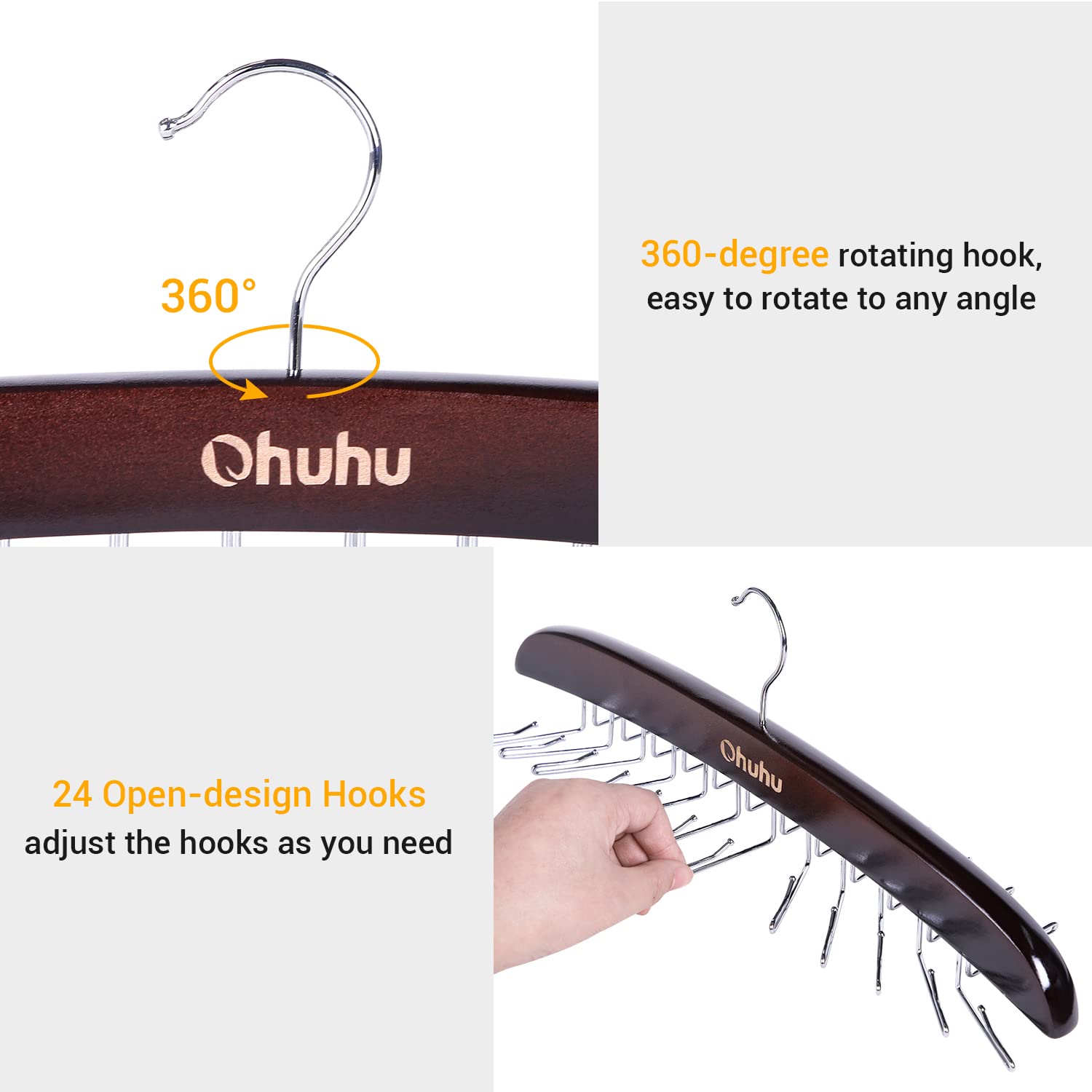 Ohuhu 24-Hook Wooden Walnut Tie Rack Organizer - 360 Degree Rotating Hanger for Neckties, Belts, Scarves & Accessories (2 Pack) - Perfect for Closet Organization & Space Saving Wardrobe Storage