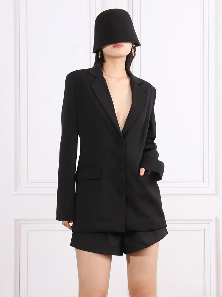 Stylish Backless Patchwork Diamonds Women's Casual Blazer - Notched Collar Long Sleeve Spliced Button Jacket for Office, Party & Date Night Outfits