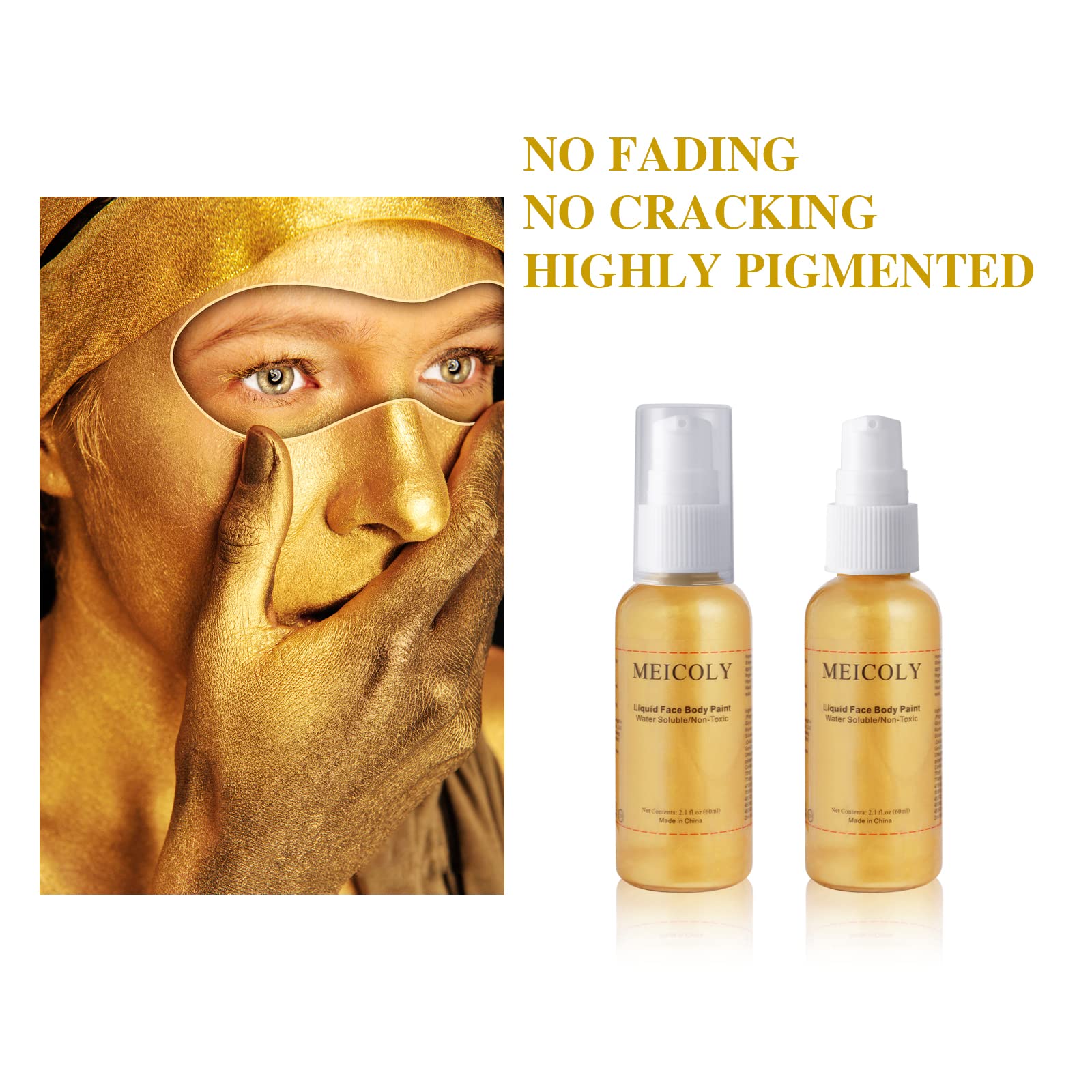 MEICOLY Cream Gold Face & Body Paint - 2.1Oz Smudge-Proof, Water-Based Washable Metallic Gold Makeup for Halloween, SFX, Christmas & Cosplay - Safe for Adults & Kids - Perfect for Costume Parties, Theater & Special Effects Makeup