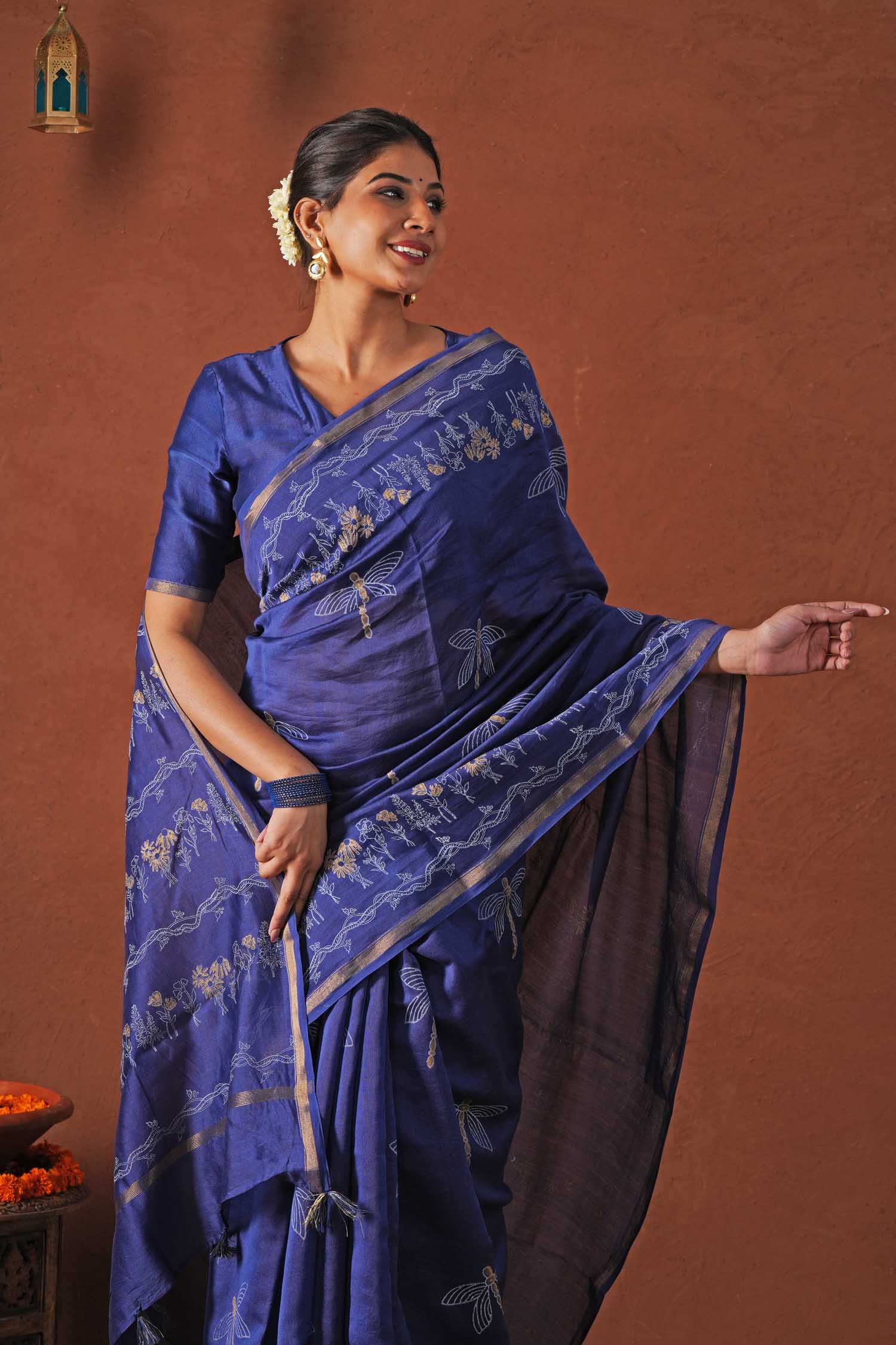 Golden Ocean Hand Block Printed Chanderi Silk Saree - Elegant Indian Traditional Wear for Weddings & Festivals | Perfect for Bridal, Party & Special Occasions
