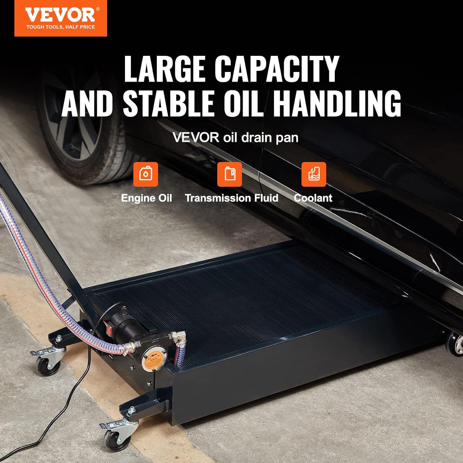 VEVOR 20 Gallon Low Profile Oil Drain Pan with Electric Pump - 8.2ft Hose & Folding Handle - Rolling Oil Drain Cart for Trucks, Buses, RVs - Perfect for DIY Oil Changes and Professional Garage Use