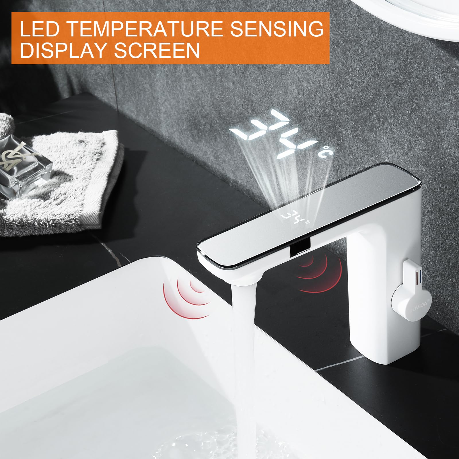 RUVIDA Smart Sensor Bathroom Faucet with Digital Temperature Display - Single Hole Waterfall Basin Faucet for Bathroom Sink - Modern White Touchless Faucet for Home, Hotel, and Public Restrooms