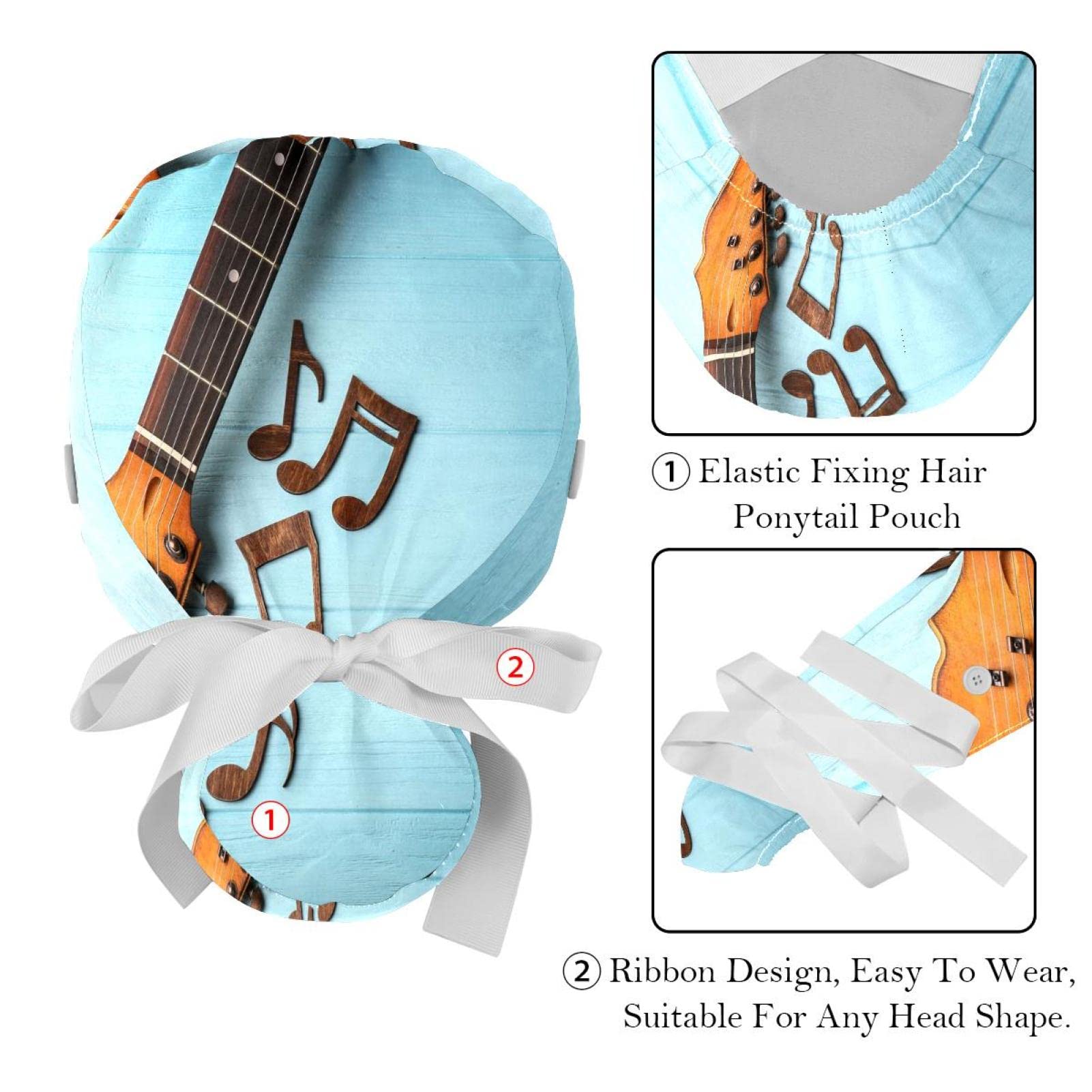 Vintage Rock Music Electric Guitar Note Working Cap with Buttons, Sweatband & Ribbon Tie Back Bouffant Hat - Perfect for Concerts, Music Festivals & Rock Enthusiasts