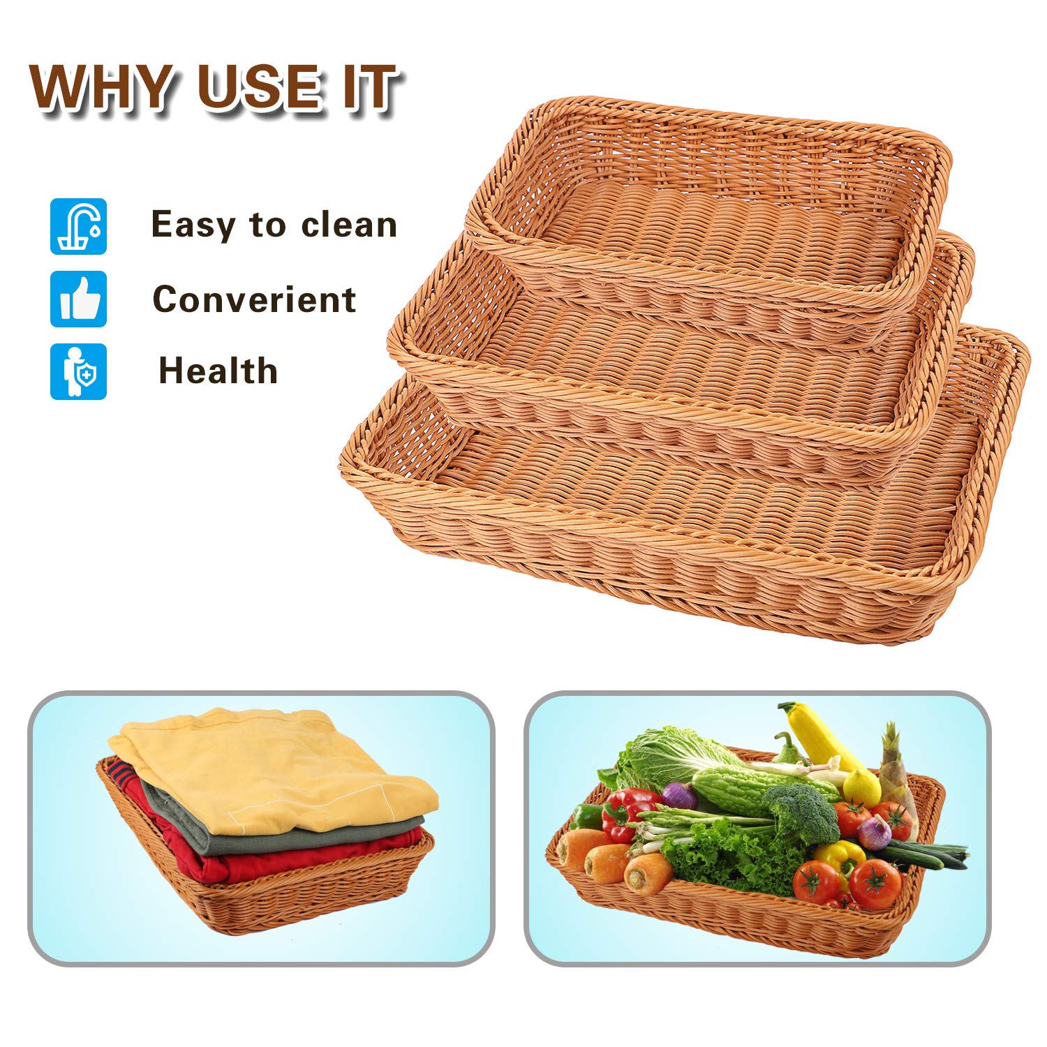 KEILEOHO 3-Pack Woven Wicker Bread Baskets Set - 12