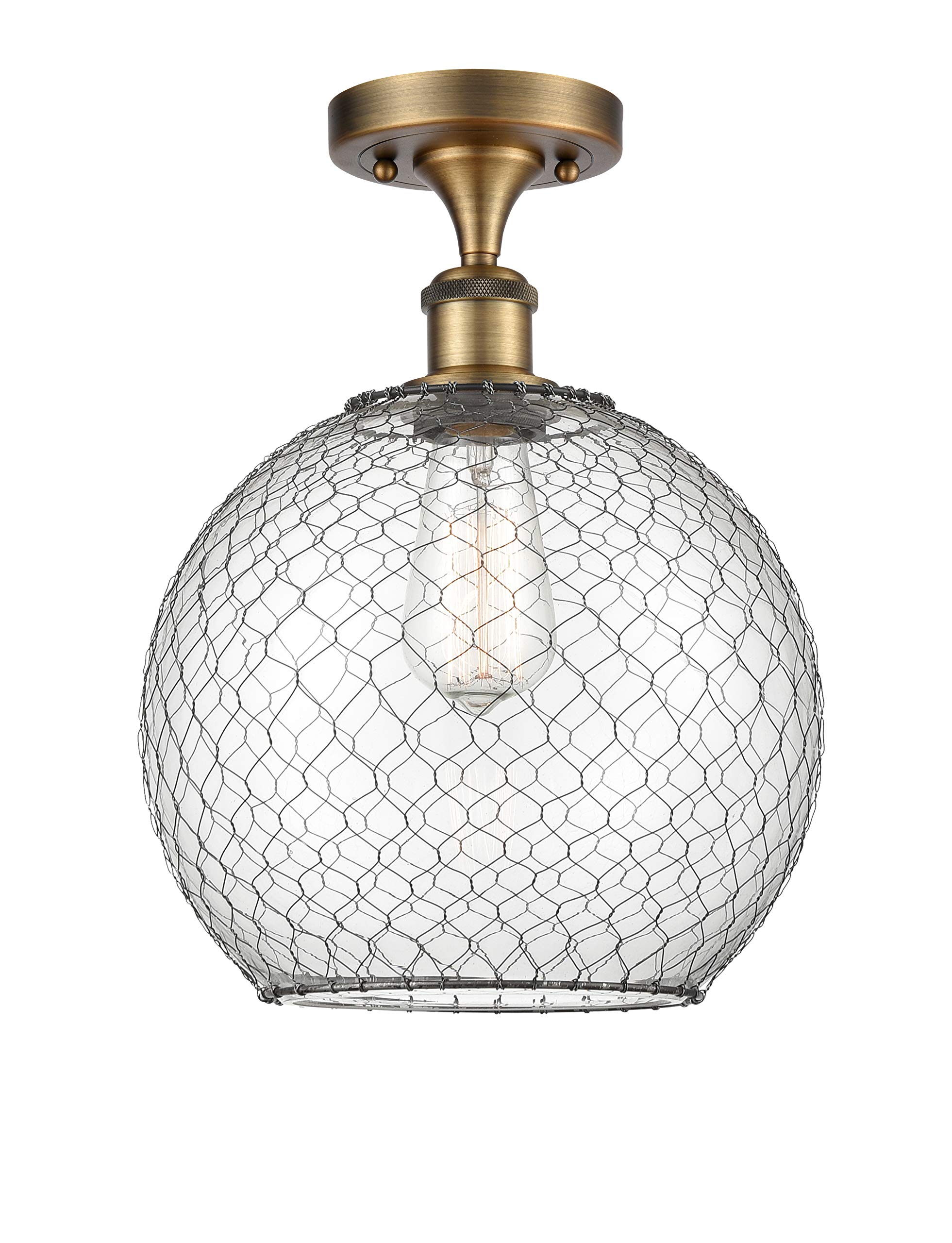Ballston Collection Brushed Brass Farmhouse Chicken Wire Semi-Flush Mount Light Fixture - Large 1-Light Ceiling Lamp for Kitchen, Dining Room & Country Style Decor