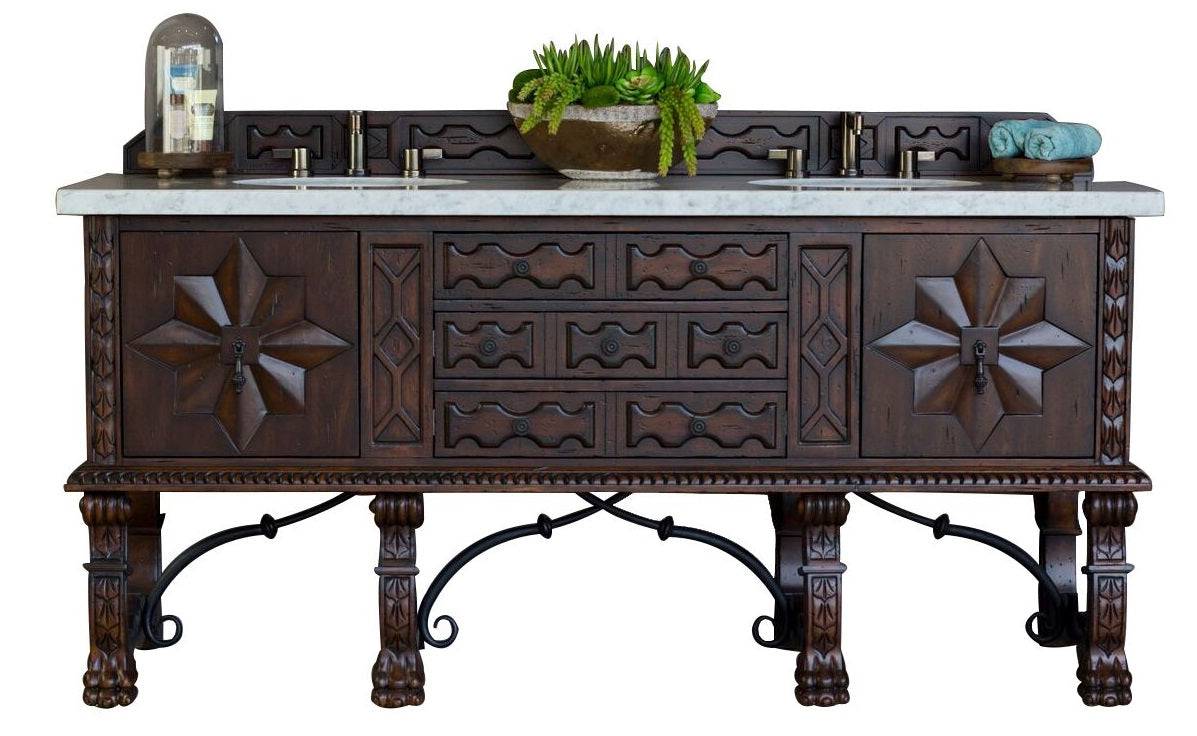 Balmoral 72 Inch Double Vanity Cabinet with 3CM Eternal Jasmine Pearl Quartz Top - Antique Walnut Bathroom Vanity for Modern & Traditional Home Decor | Perfect for Master Bathroom, Guest Bath, or Powder Room Makeover