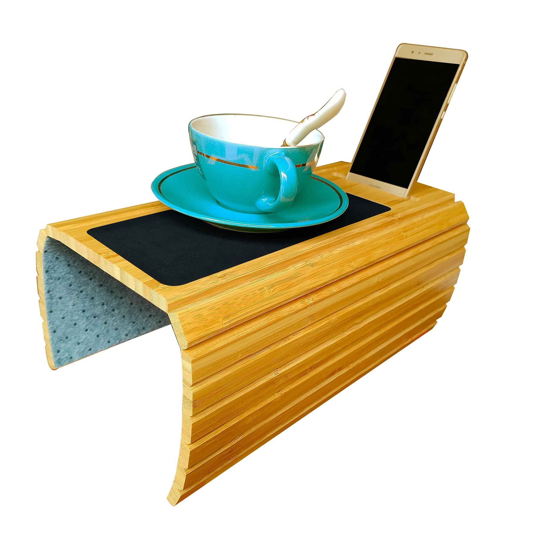 BAMJIUHAO Bamboo Wood Sofa Arm Tray - Flexible Couch Armrest Table for Drinks, Snacks, Remote & Phone - Natural Color - Perfect for Living Room, Bedroom & Home Theater Relaxation