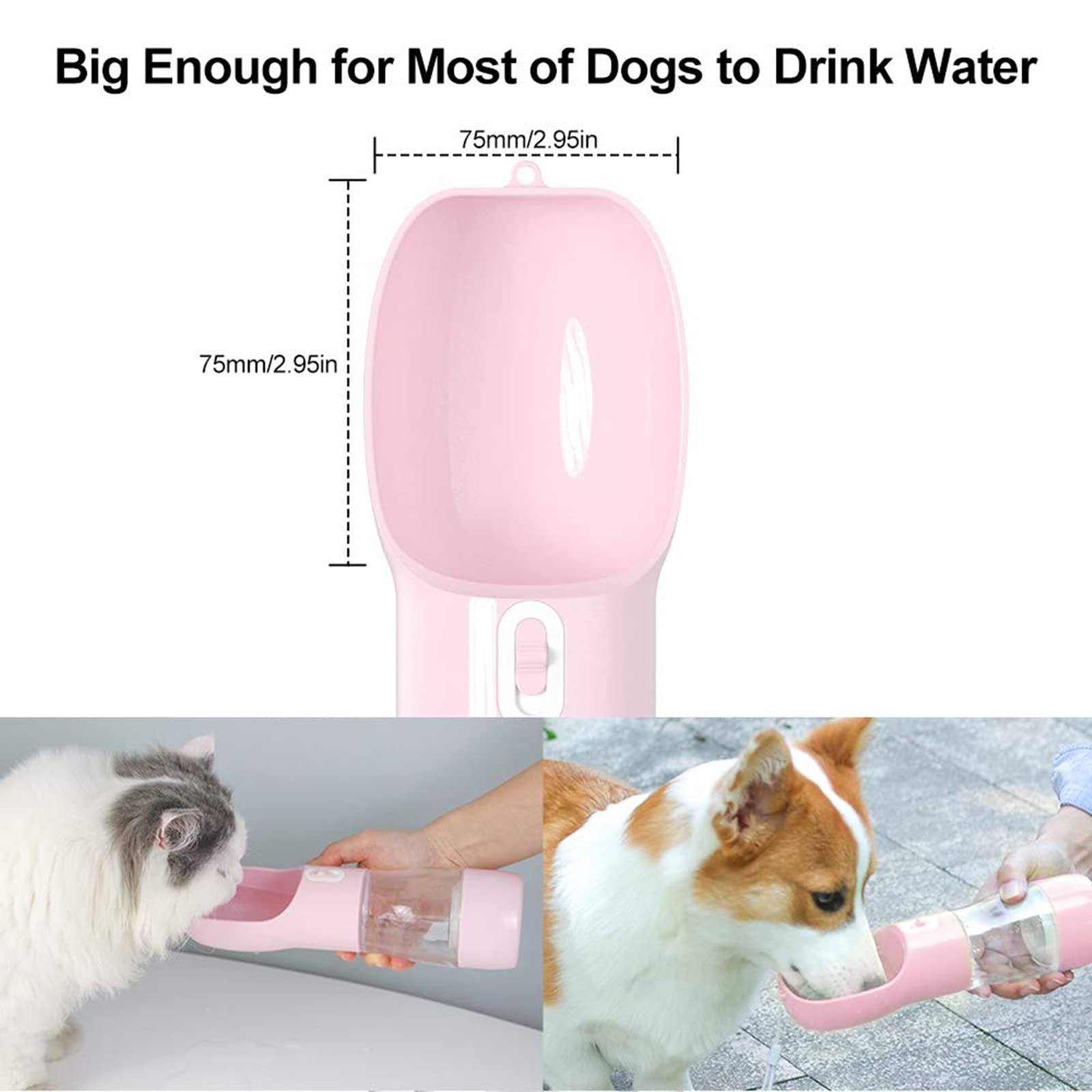 **Leak-Proof Outdoor Dog Water Bottle Dispenser with Food Container – Portable Travel Pet Water Bottle for Hiking, Walking & Camping (Pink)**