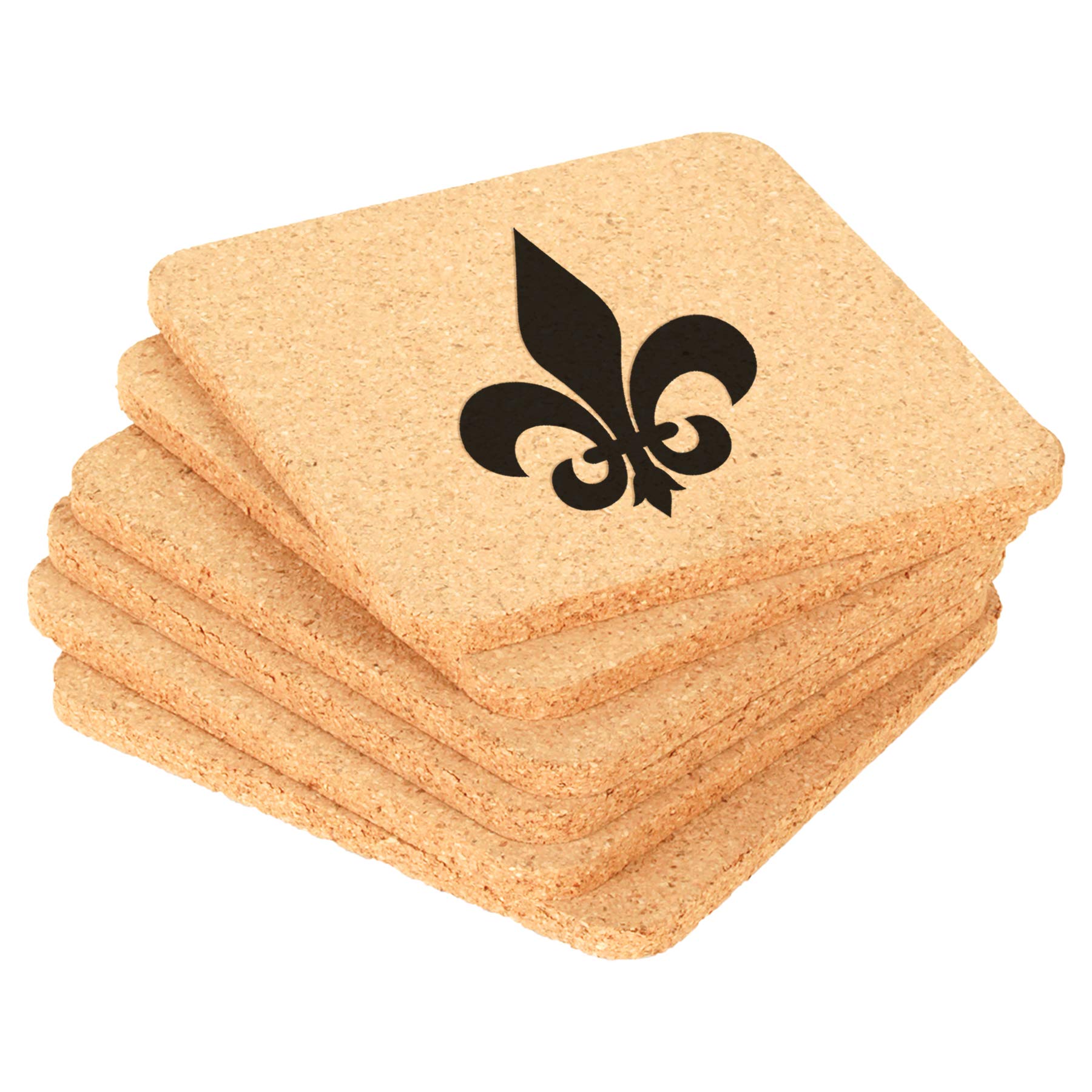 Set of 6 Fleur-De-Lis Square Cork Drink Coasters - Absorbent & Durable for Coffee Tables, Bars, and Home Decor