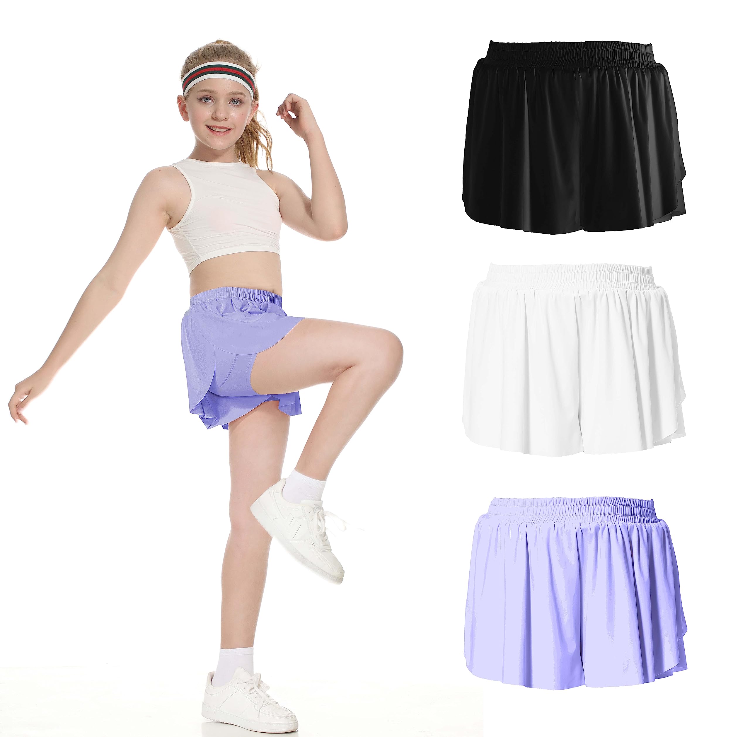 Girls' Athletic Flowy Butterfly Shorts - 2-in-1 Skorts for Tennis, Golf, Cheerleading & Running | Comfortable Preppy Sports Wear for Active Kids | Perfect for Practice, Gym Class & Outdoor Play