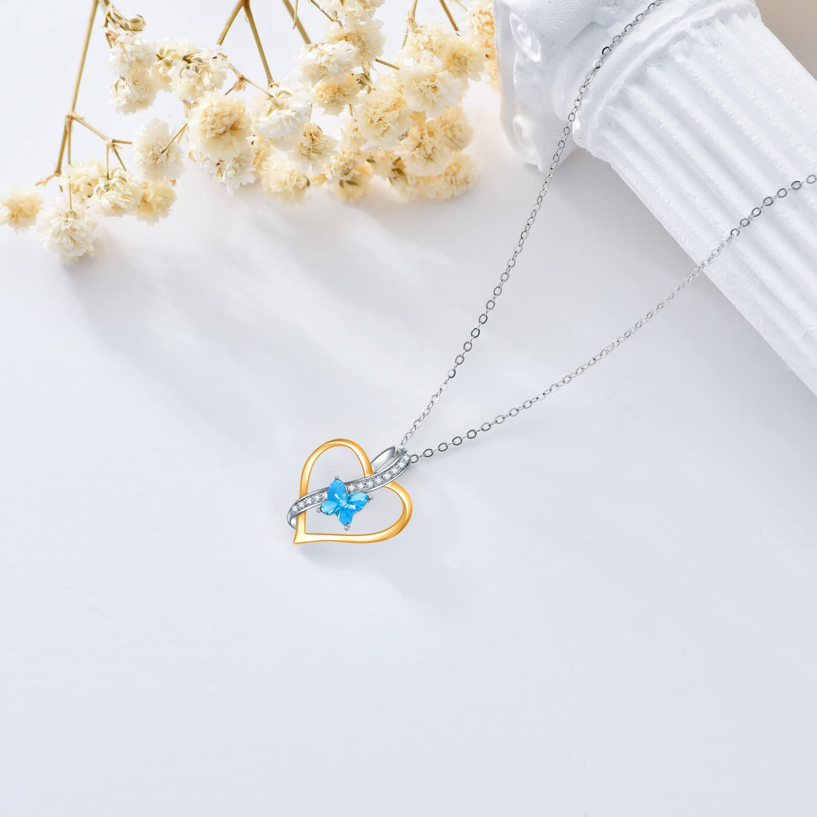 14K Yellow & White Gold Heart Necklace with Blue Butterfly & Cubic Zirconia - Elegant Women's Jewelry for Mother's Day, Anniversary, Birthday Gifts - Perfect for Wife, Grandma - 16''-18'' Adjustable Chain - Ideal for Weddings, Date Nights & Special Occasions