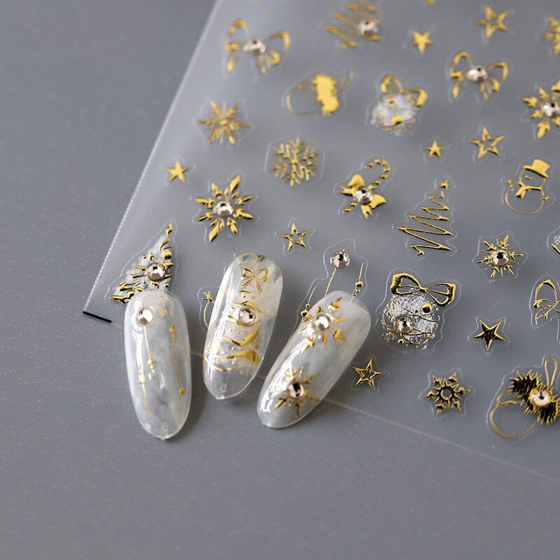 3D Gold Nail Stickers with Bowknot & Star Designs - Christmas Nail Art Decals TL066 for Holiday Parties & Festive Nail Decorations