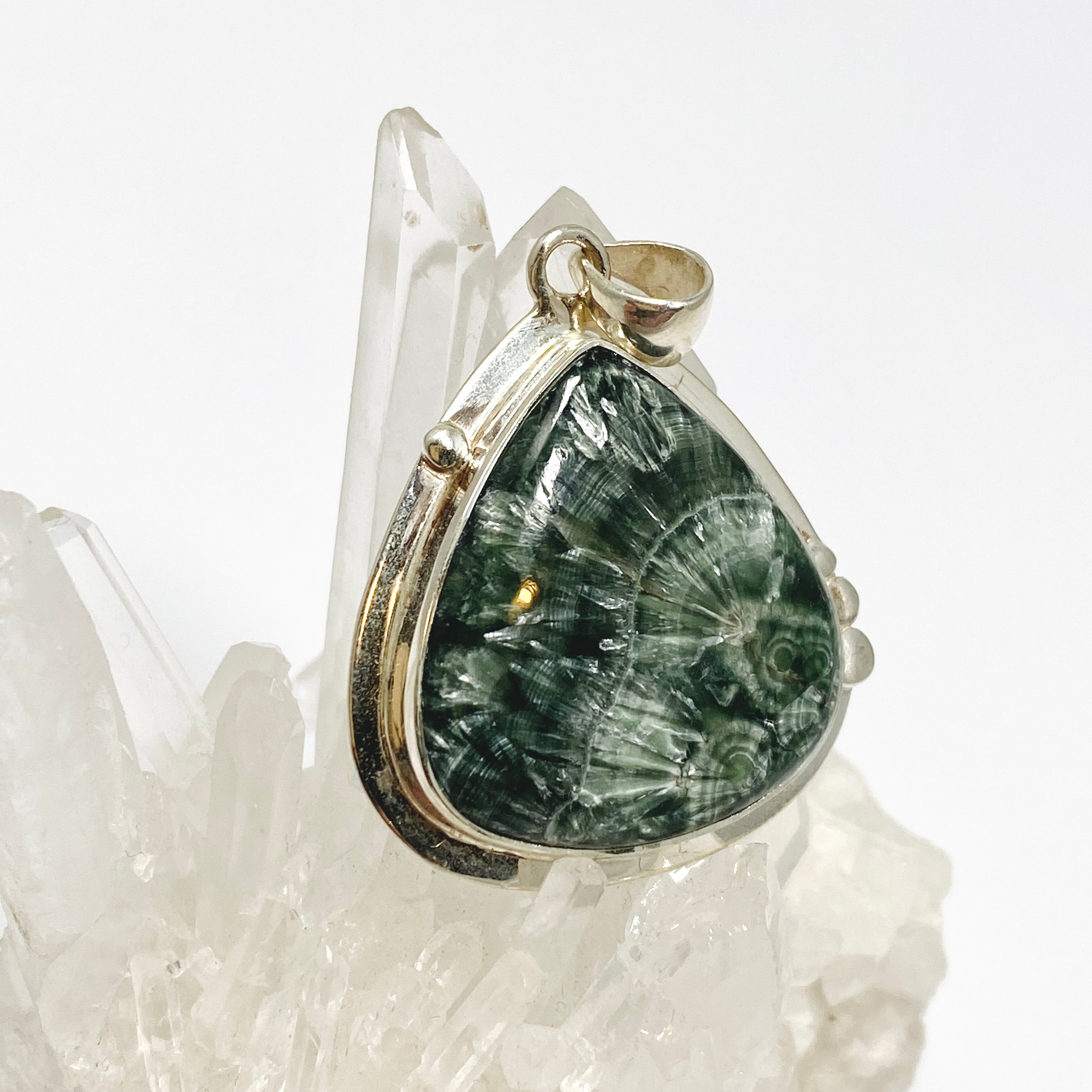 Seraphinite Teardrop Cabochon Pendant in Sterling Silver - Healing Crystal Jewelry for Meditation & Energy Work - Elegant Gift for Spiritual Seekers