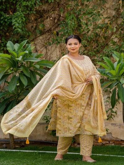 Plus Size Light Yellow Cotton Printed Ready-Made Salwar Suit for Women | Comfortable Ethnic Wear for Festivals, Weddings & Special Occasions