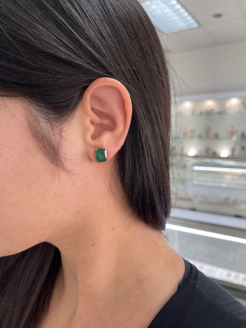 6.63tcw 18K Gold Natural Rare Large Emerald Four Prong Stud Earrings for Women - Luxury Fine Jewelry Gift for Birthday, Anniversary & Special Occasions