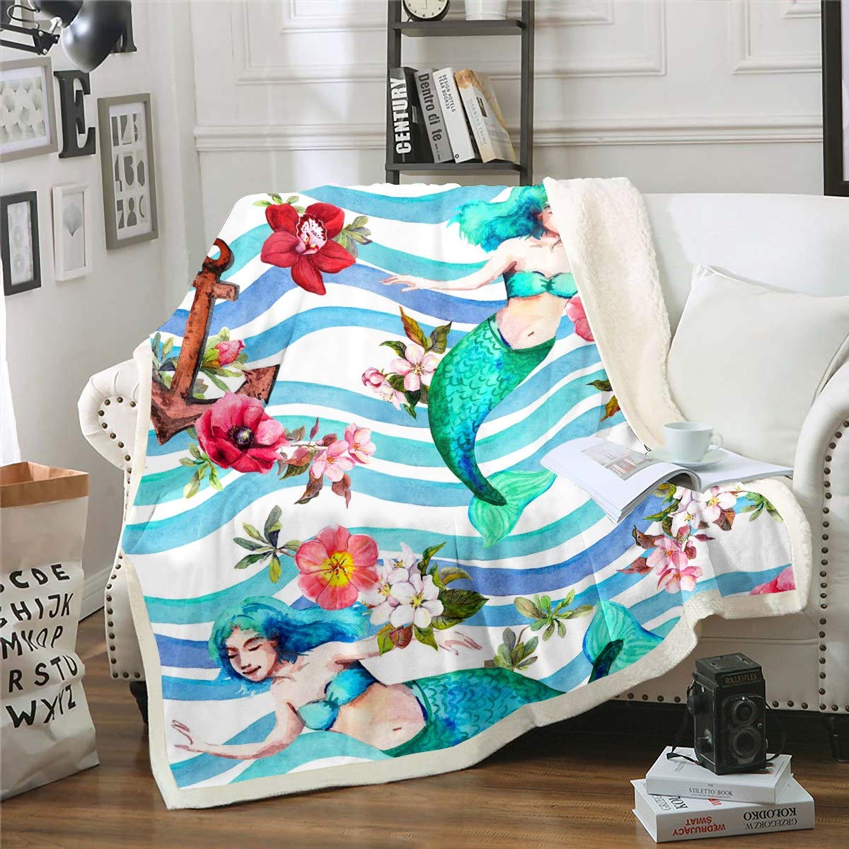 Feelyou Mermaid Plush Fleece Blanket - Ocean Marine Anchor Sherpa Throw Blanket for Girls, Twin Size 60