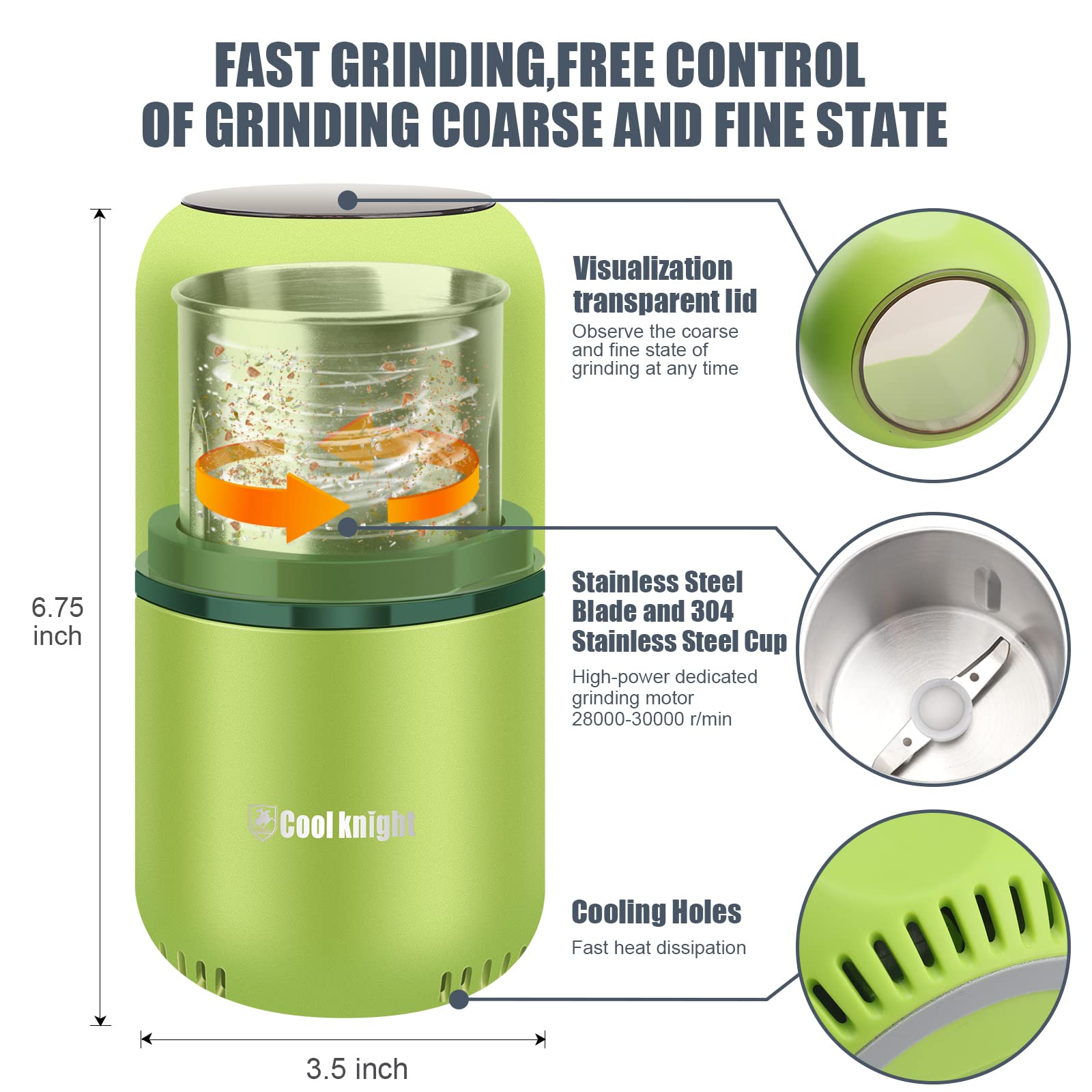 COOL KNIGHT Electric Herb Grinder - Large Capacity Fast Grinding for Spices, Herbs & Coffee with Pollen Catcher - 7.5 Inch Green - Perfect for Kitchen, Camping & Travel Use