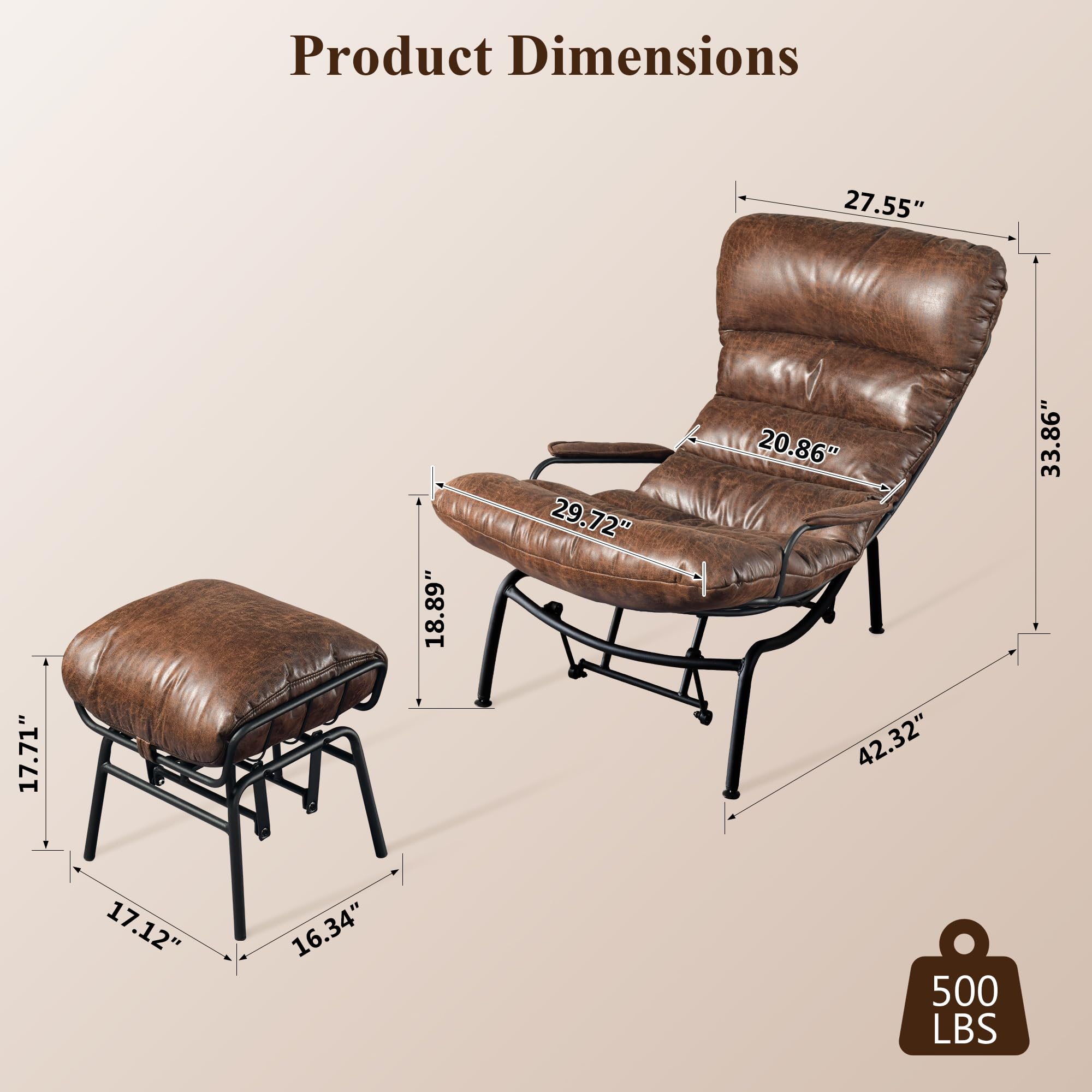 Lazy Lounge Chaise Chair with Ottoman - Comfortable Faux Leather Rocking Recliner for Adults with Arm Cushions, Perfect Reading Chair for Bedroom & Living Room - Dark Brown - Ideal for Relaxing, Reading Books or Watching TV