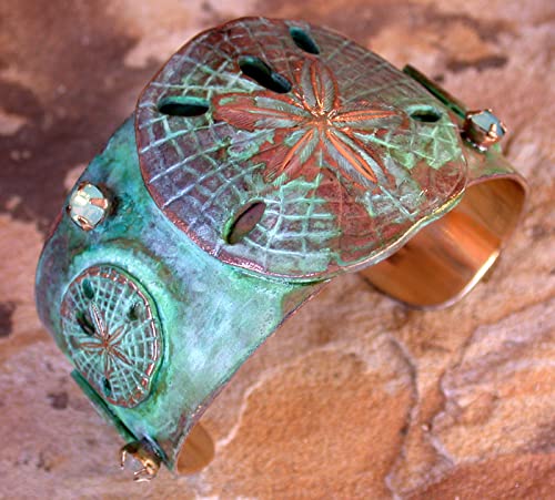 Elaine Coyne Collectible Artwear Verdigris Patina Brass Sand Dollars Cuff Bracelet - Handmade in USA | Boho Beach Jewelry for Women, Gift for Ocean Lovers, Coastal Fashion Accessory