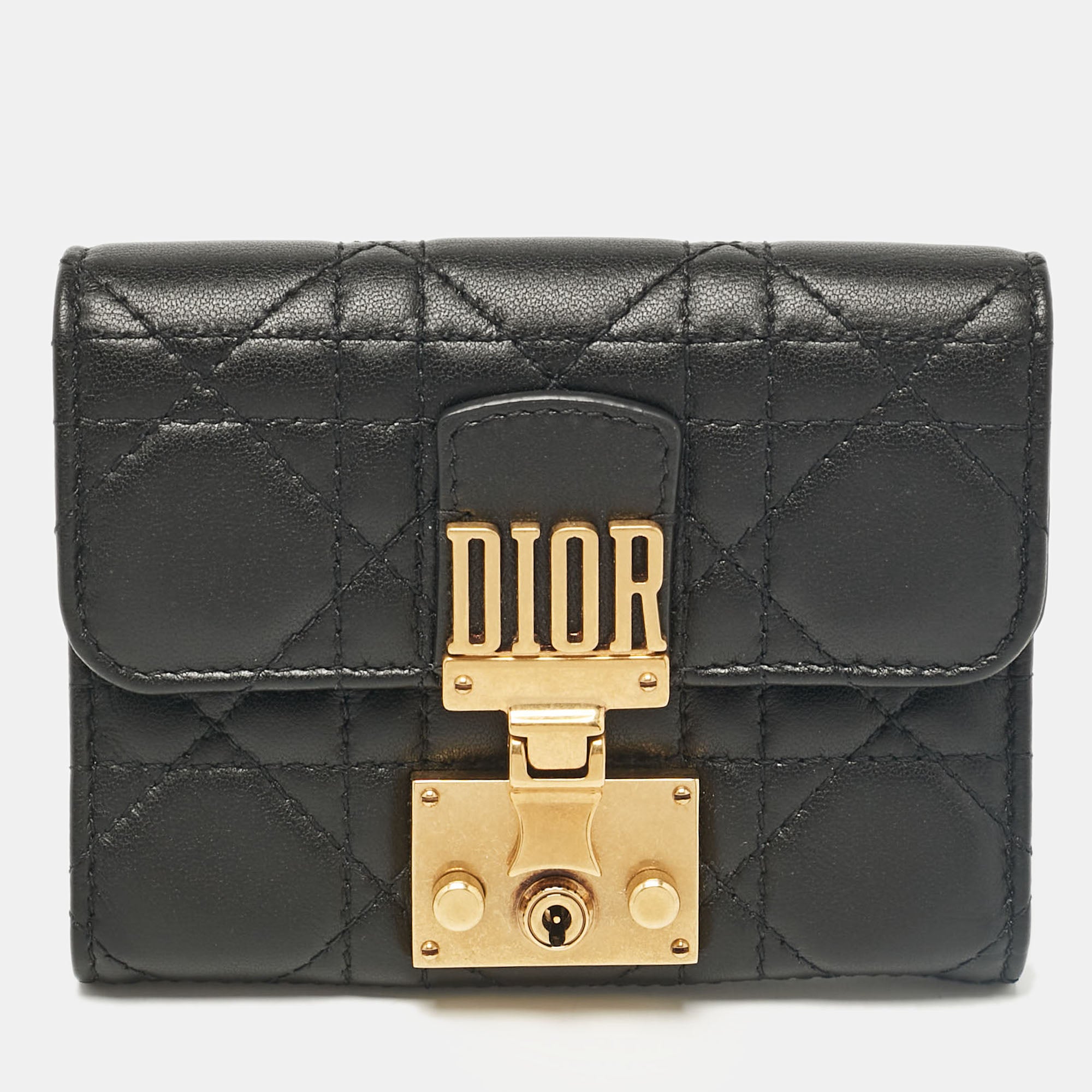 Black Cannage Leather Addict Compact Wallet for Women - Luxury Designer Card Holder & Coin Purse - Perfect for Everyday Use, Travel, and Gifts