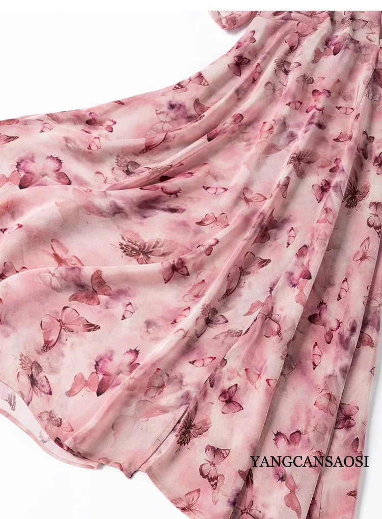French Artistic Pink Purple Butterfly Print 1.2m Extended Hem 100% Mulberry Silk Women's Dress - Elegant Evening Gown for Weddings, Parties & Special Occasions