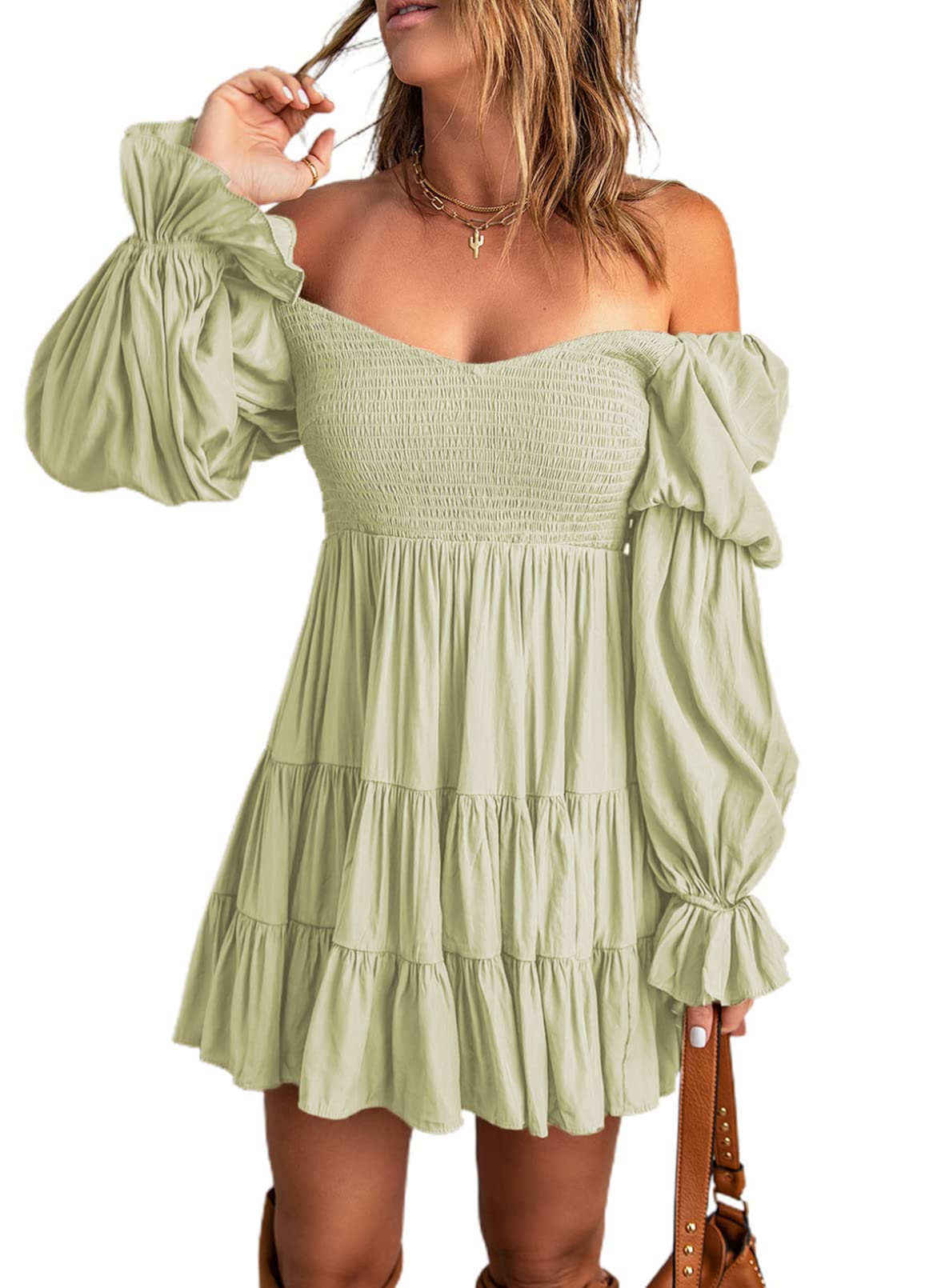 Dokotoo Women's Elegant Off Shoulder V-Neck Long Sleeve Ruffle Flowy Mini Skater Dress for Spring Summer 2023 - Perfect for Date Night, Party & Casual Outfits