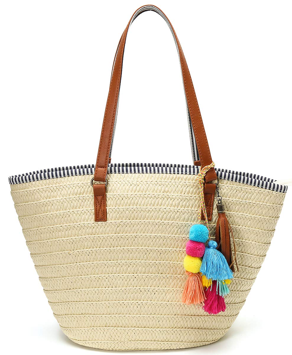 Eco-Friendly Straw Beach Tote Bag with Tassels & Pom Poms - Handwoven Boho Shoulder Bag for Women - Perfect for Summer Vacations, Pool Parties & Beach Getaways