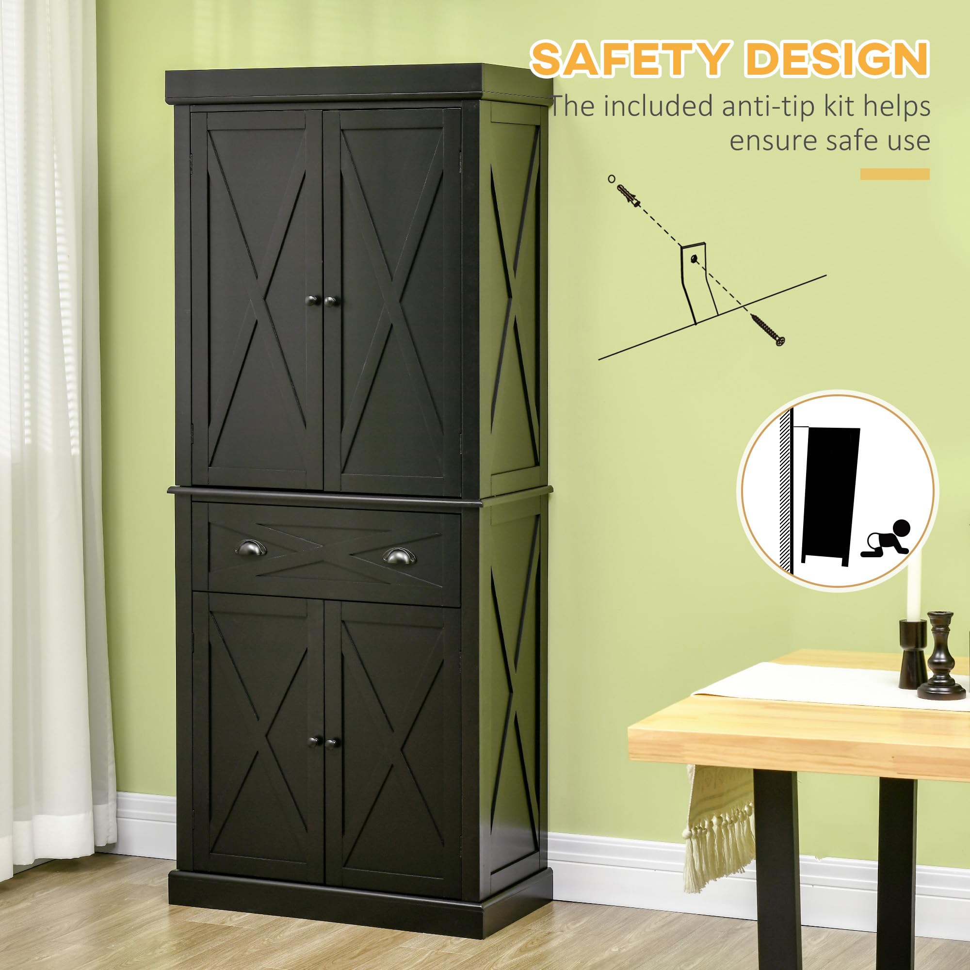 HOMCOM 72 Inch Freestanding Kitchen Pantry Cabinet with 4 Doors, 3 Adjustable Shelves & Large Drawer - Black X-Frame Storage Cupboard for Dining Room, Kitchen Organization & Home Decor