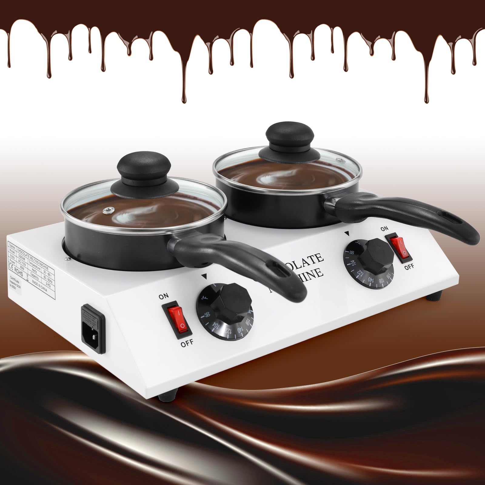 WICHEMI Electric Chocolate Melting Pot - Double Pots Chocolate Warmer & Tempering Machine for Home & Commercial Use - Perfect for Melting Chocolate, Butter, Cheese, Cream, Candy & Milk - Ideal for Baking, Candy Making, Fondue & Dessert Preparation