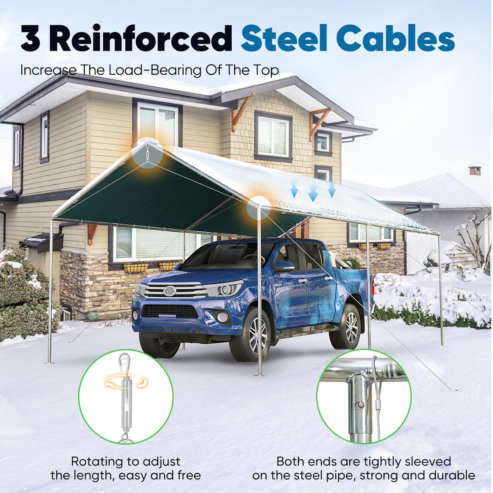 Quictent 10x20 ft Heavy Duty Car Canopy with Galvanized Steel Frame - Waterproof Outdoor Party Tent, Boat Shelter & Vehicle Cover with 3 Reinforced Steel Cables (Green) - Perfect for Backyard Events, Camping & RV Protection