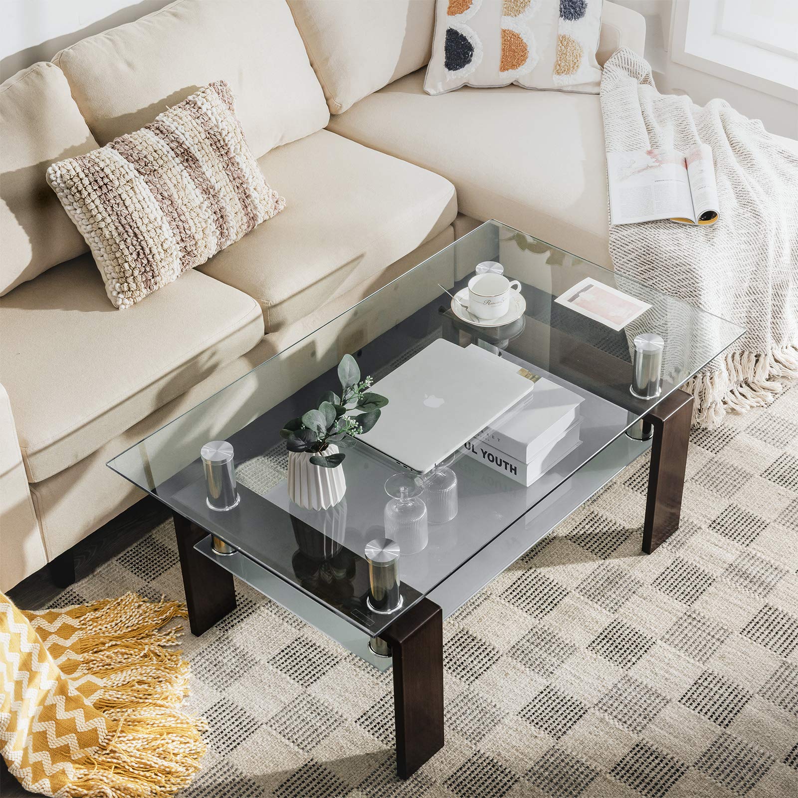 Tangkula Modern Rectangular Glass Coffee Table with Lower Shelf - Tempered Glass Top & Sturdy Metal Legs - Perfect for Living Room, Office, or Lounge (Coffee Table, Side Table)