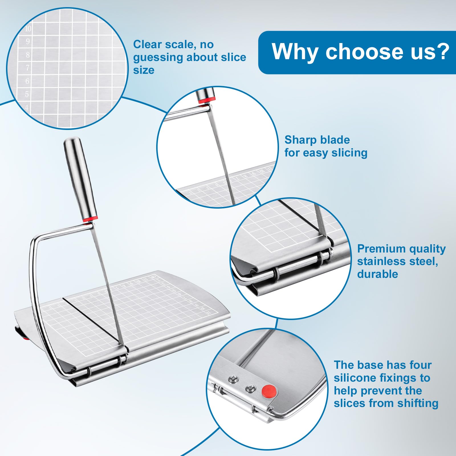 Premium Stainless Steel Cheese Slicer & Cutter Board with Sharp Blade - Multi-Purpose Food Slicer for Cheese, Butter, Sausage, Ham - Includes Measurement Scale for Precise Cuts - Perfect for Kitchen, Charcuterie Boards & Party Platters