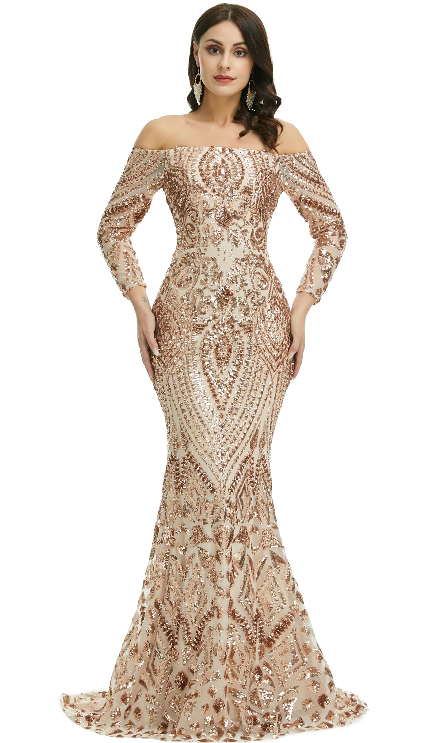 Elegant Women's Bateau Neck Long Sleeve Sequin Mermaid Evening Dress for Prom, Gala, Wedding & Formal Events
