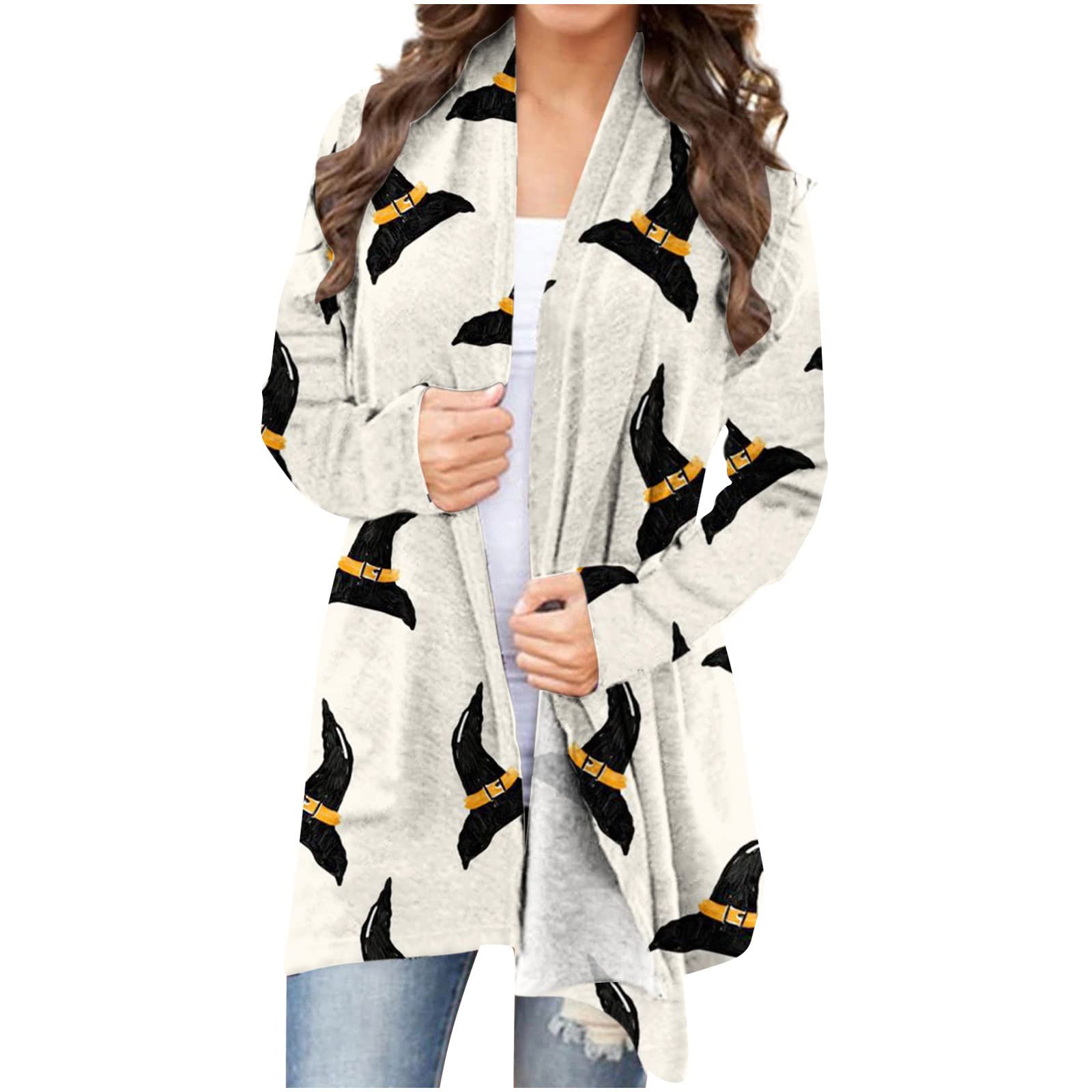 Lightweight Women's Cardigan Kimono Top - Long Sleeve Loose Tunic Blouse with Halloween Print - Perfect for Halloween Costumes, Boho Outfits & Layering as Shawl Coat
