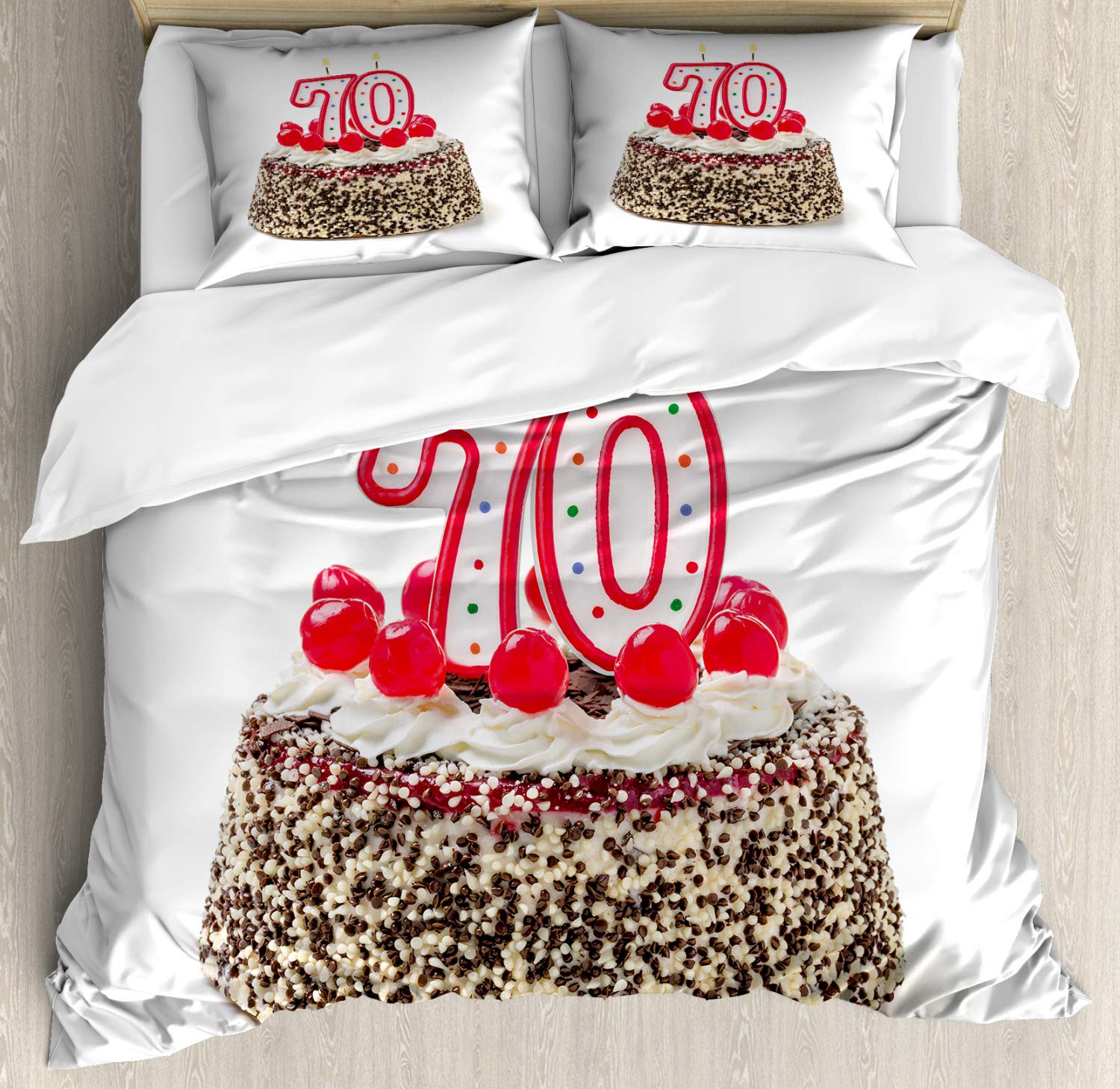 Ambesonne 70th Birthday Duvet Cover Set - California King Size 3-Piece Bedding with Cake, Number 70 Candles & Sprinkles Design - Party Themed Decorative Bedding for Birthday Celebrations & Special Events