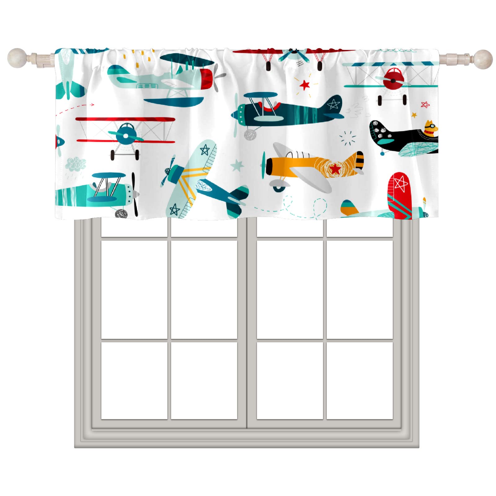 18x52 Inch Cartoon Airplane & Helicopter Valance Curtains for Living Room, Kitchen, Bedroom - Rod Pocket Window Toppers for Short Windows - Perfect for Kids' Rooms, Playrooms & Nursery Decor