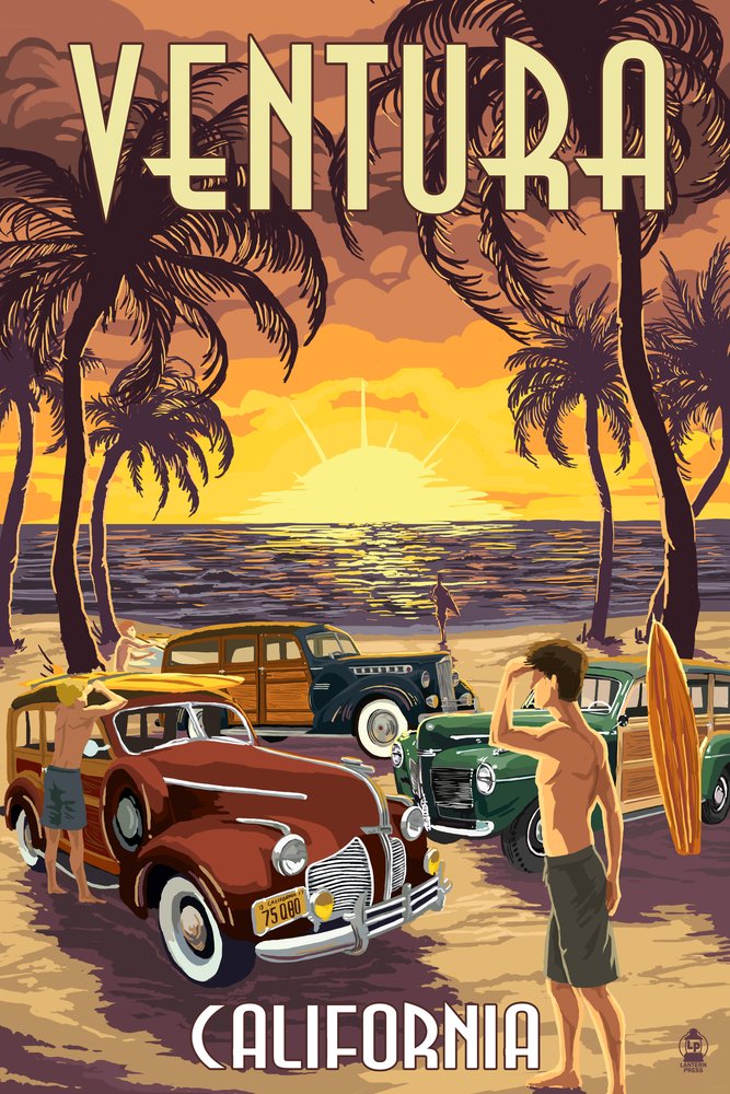 Ventura California Woodies on the Beach - 24x36 Gallery Quality Metal Wall Art, Aluminum Decor for Coastal Home & Beach House Decor