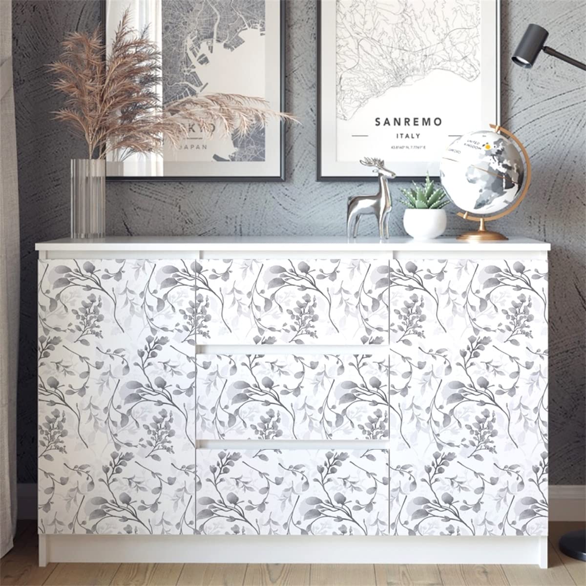 Orainege Grey Floral Peel and Stick Wallpaper - 17.7x118.1 Inch Modern Vinyl Flower Wallpaper with Leaves - Self-Adhesive Contact Paper for Bedroom, Kitchen, Living Room Decor
