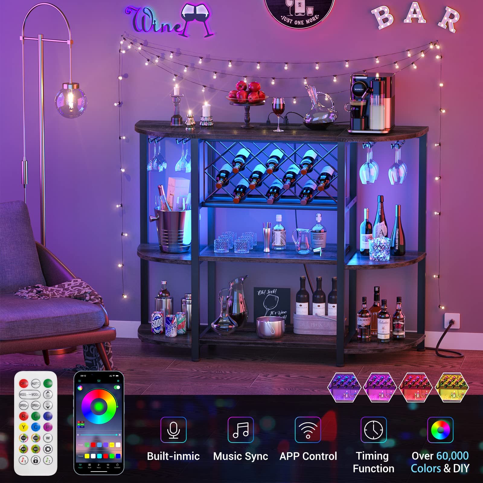 Unikito 4-Tier Metal Coffee Bar Cabinet with Power Outlet & LED Lights - Freestanding Floor Bar Table with Glass Holder & Wine Rack Storage - Gray Oak Kitchen Bar Cart for Coffee, Wine & Liquor Organization - Perfect for Dining Room, Kitchen or Home Bar Setup