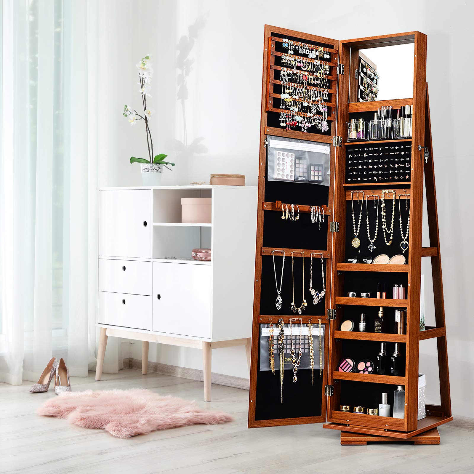 CHARMAID 360° Swivel Jewelry Armoire with Full-Length Mirror - Lockable Standing Jewelry Cabinet Organizer with Large Storage, Makeup Mirror & Back Shelves (Walnut) - Perfect for Bedroom, Closet & Dressing Room Organization