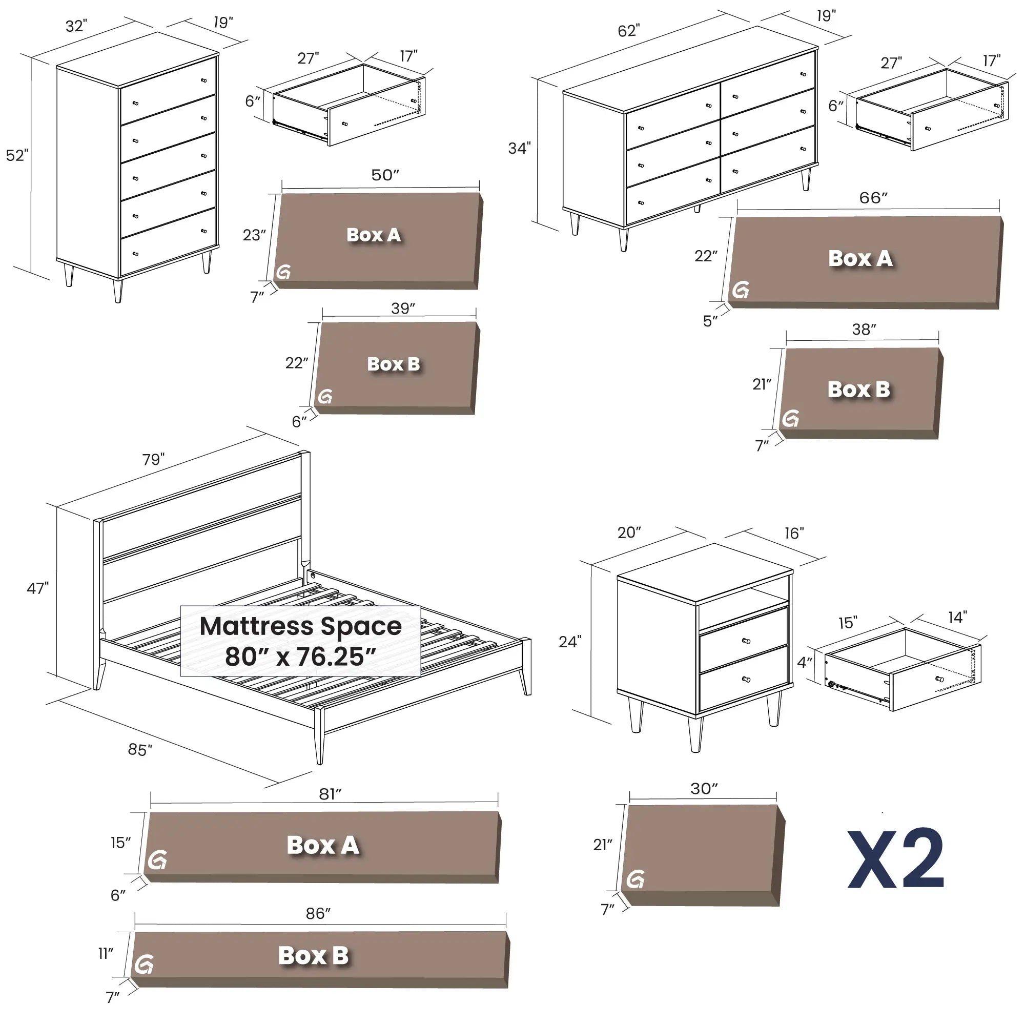Mid Century Modern Bedroom Set - 5 Piece Brushed Walnut Wood Furniture for Bedroom | Perfect for Master Bedroom, Guest Room & Small Space Decor