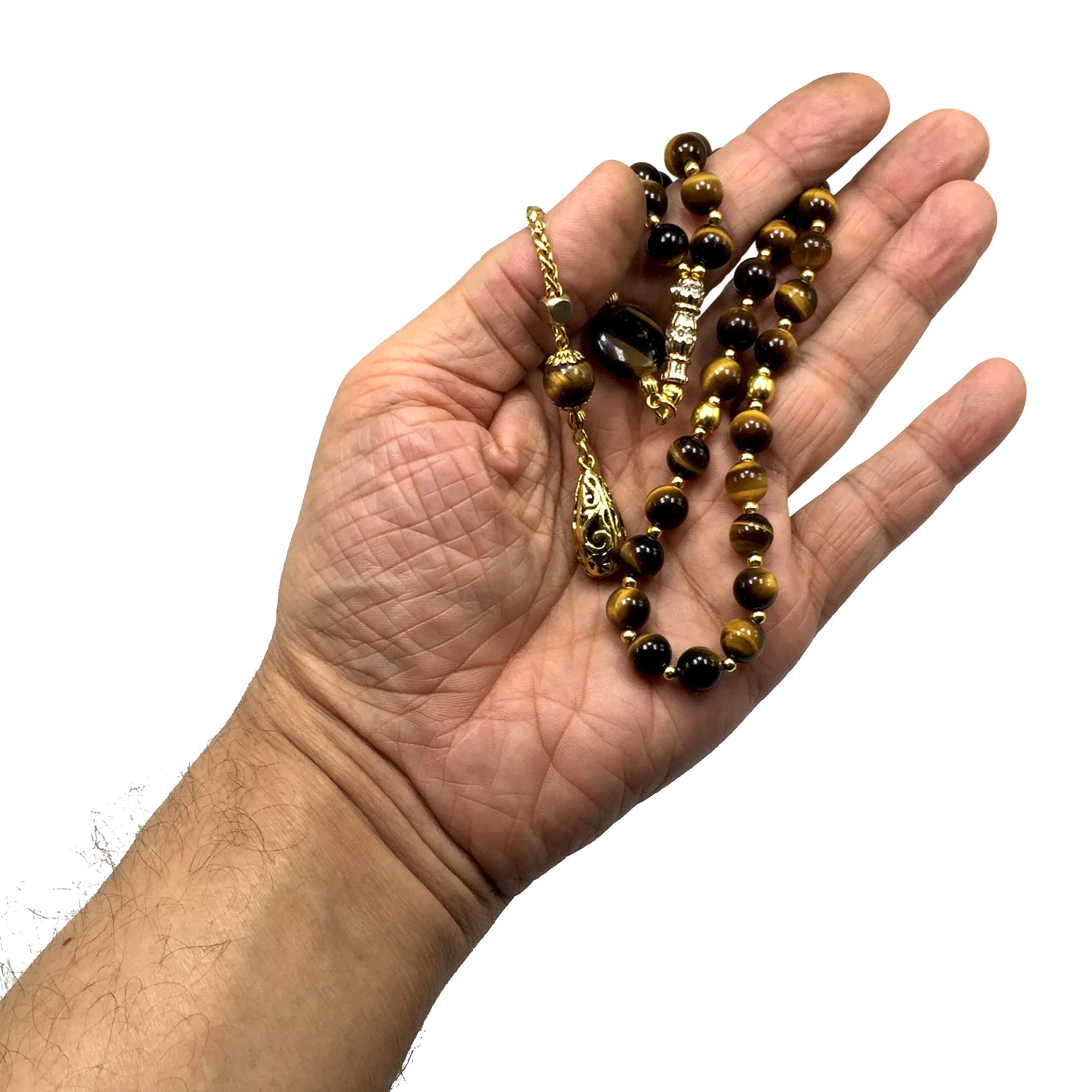 Tiger Eye Stone Worry Beads - 8mm Prayer Beads with Gold Tassel - 33 Beads Tasbih, Misbaha, Rosary for Stress Relief, Meditation & Spiritual Practice - Perfect for Anxiety Relief, Mindfulness & Gift Giving