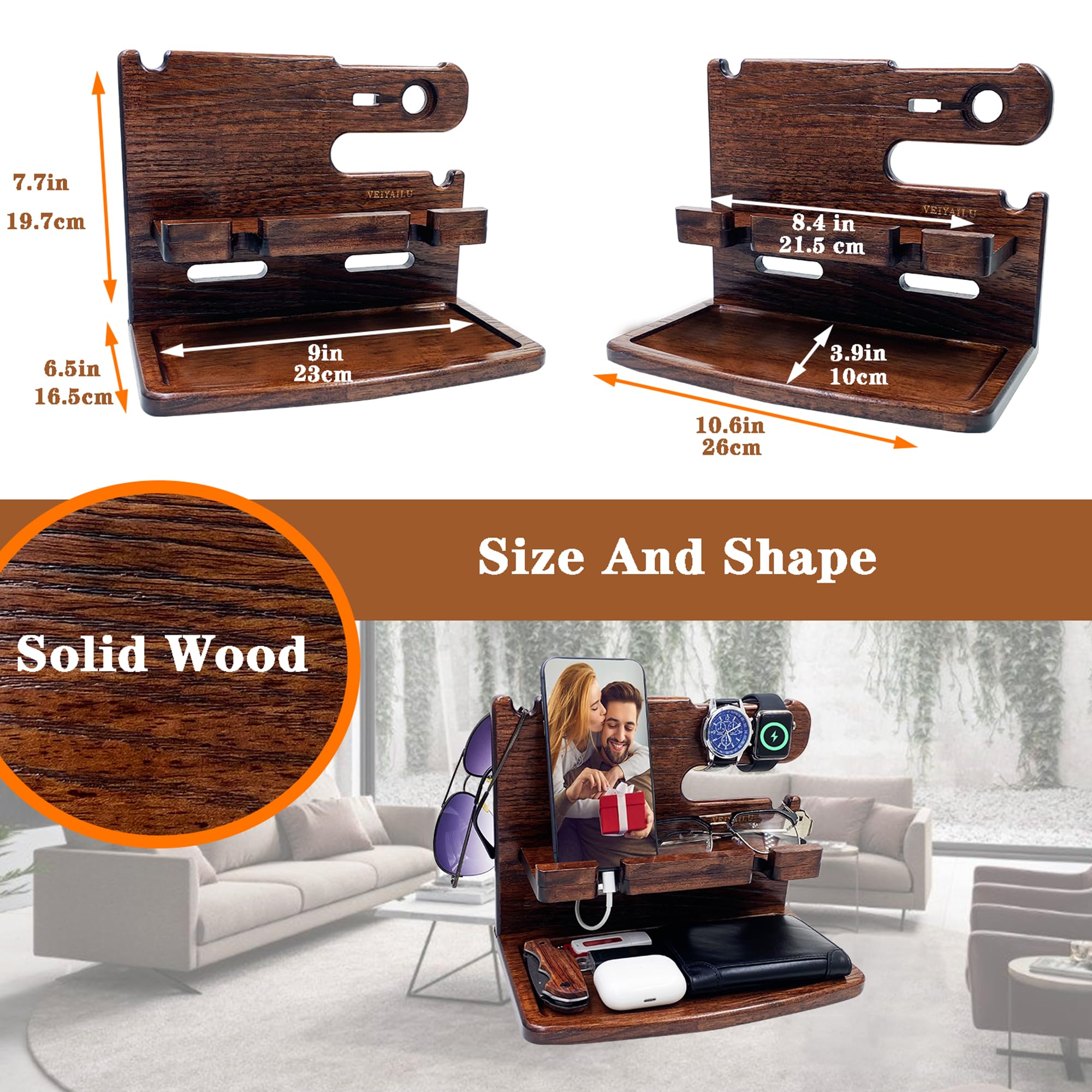 Wooden Phone Docking Station & Nightstand Organizer - Perfect Gift for Men, Women, Dad, Husband, Boyfriend | Birthday, Anniversary, Christmas Present (Dark Brown) | Bedside Storage for Phone, Watch, Wallet & Keys